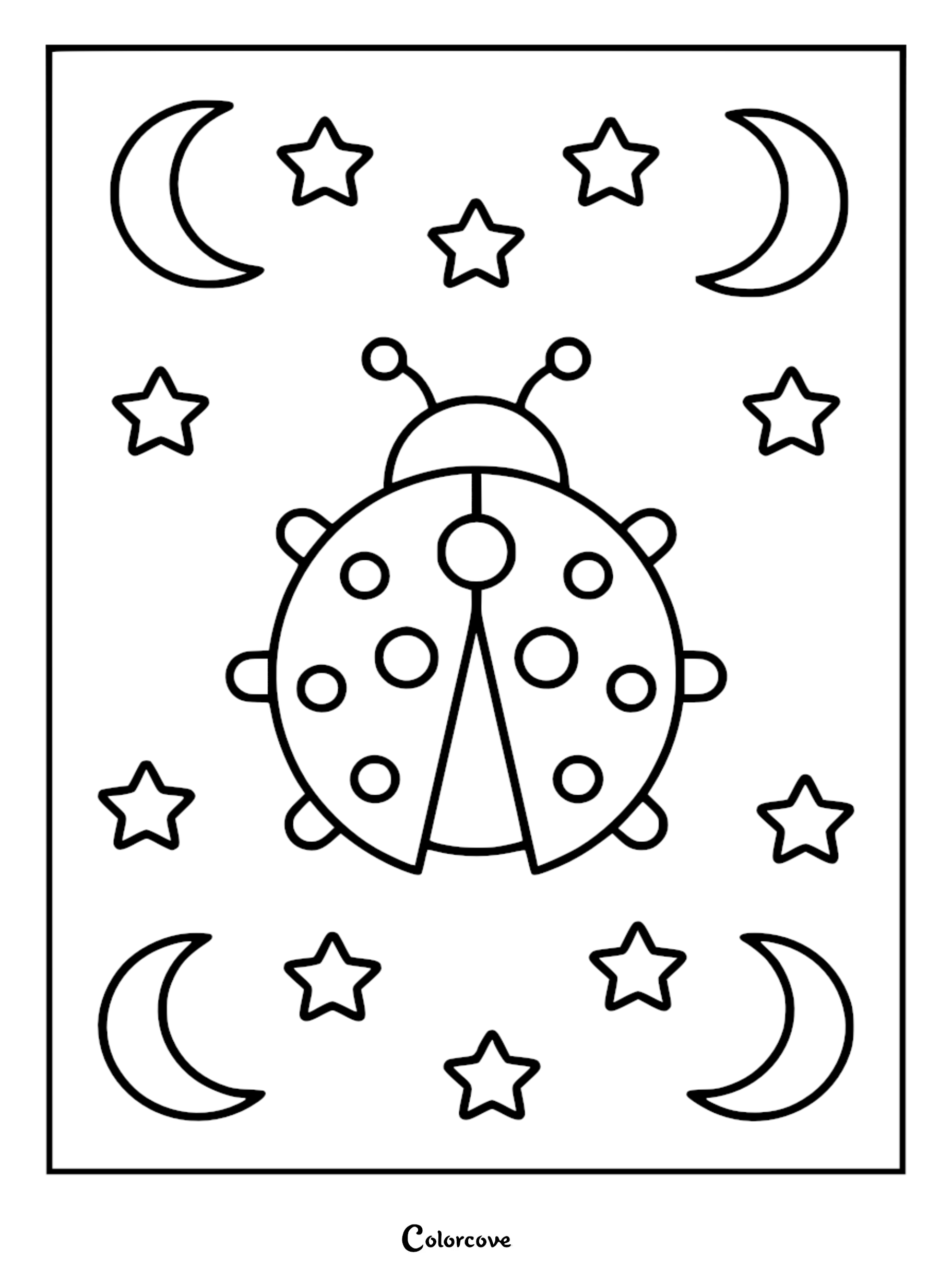 A simple black and white coloring page featuring a cute spotted ladybug centered among crescent moons and twinkling stars.