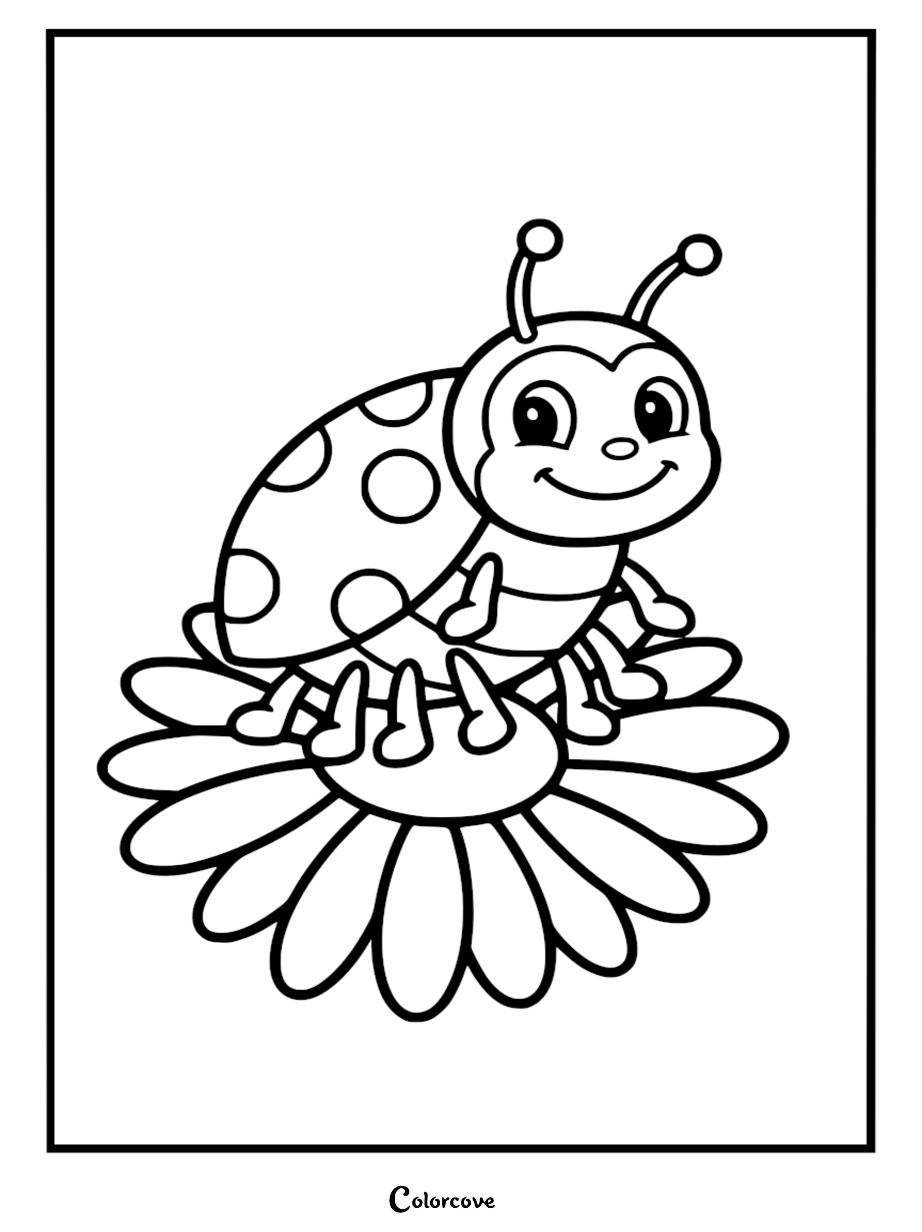 A cute cartoon ladybug resting on a large daisy, printable coloring page with bold black outlines.