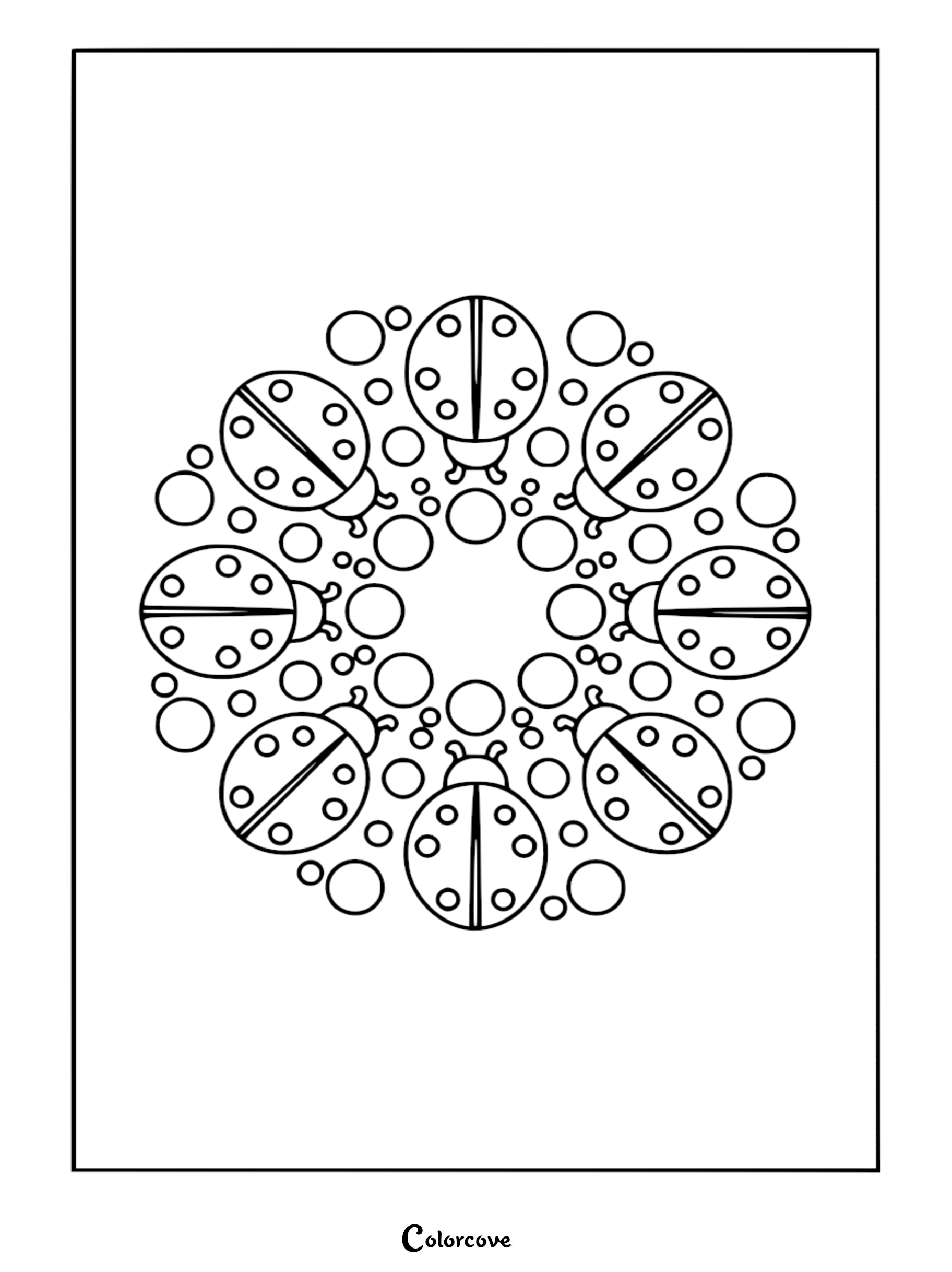 A circular mandala coloring page featuring six symmetrical ladybugs surrounded by various sized polka dot circles.