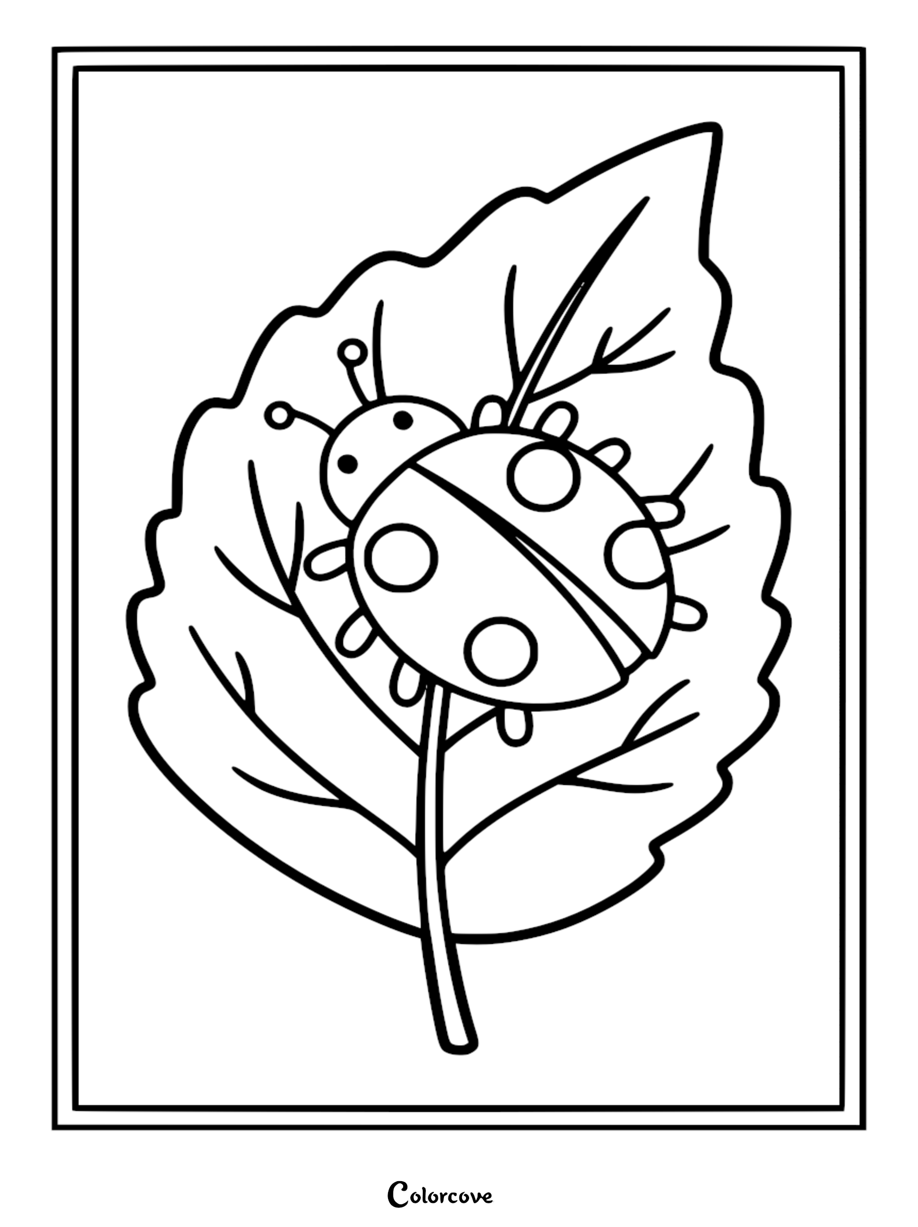 A simple black and white coloring page featuring a cute ladybug with round spots resting on a large serrated leaf.