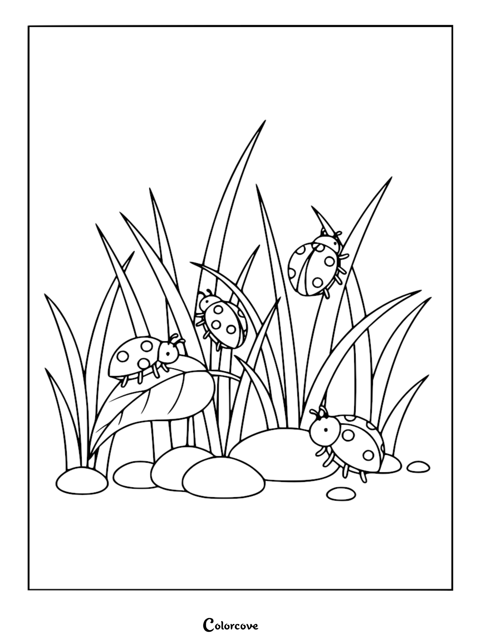 Three ladybugs crawling on blades of grass and pebbles in a garden, printable line art coloring page.
