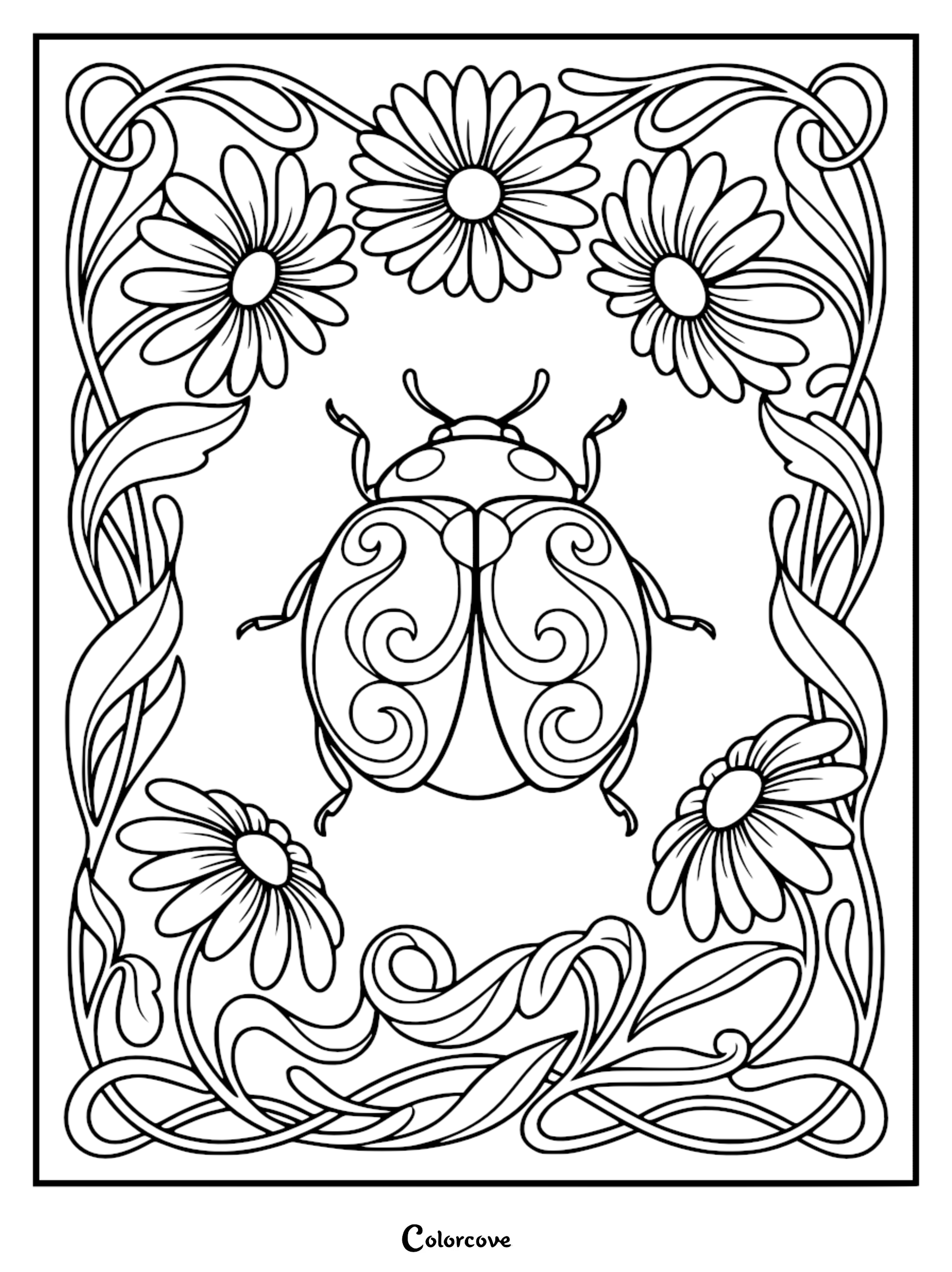 A relaxing ladybug with intricate swirl patterns on its wings centered inside a rectangular frame of daisies and flowing organic leaf stems, printable coloring page.