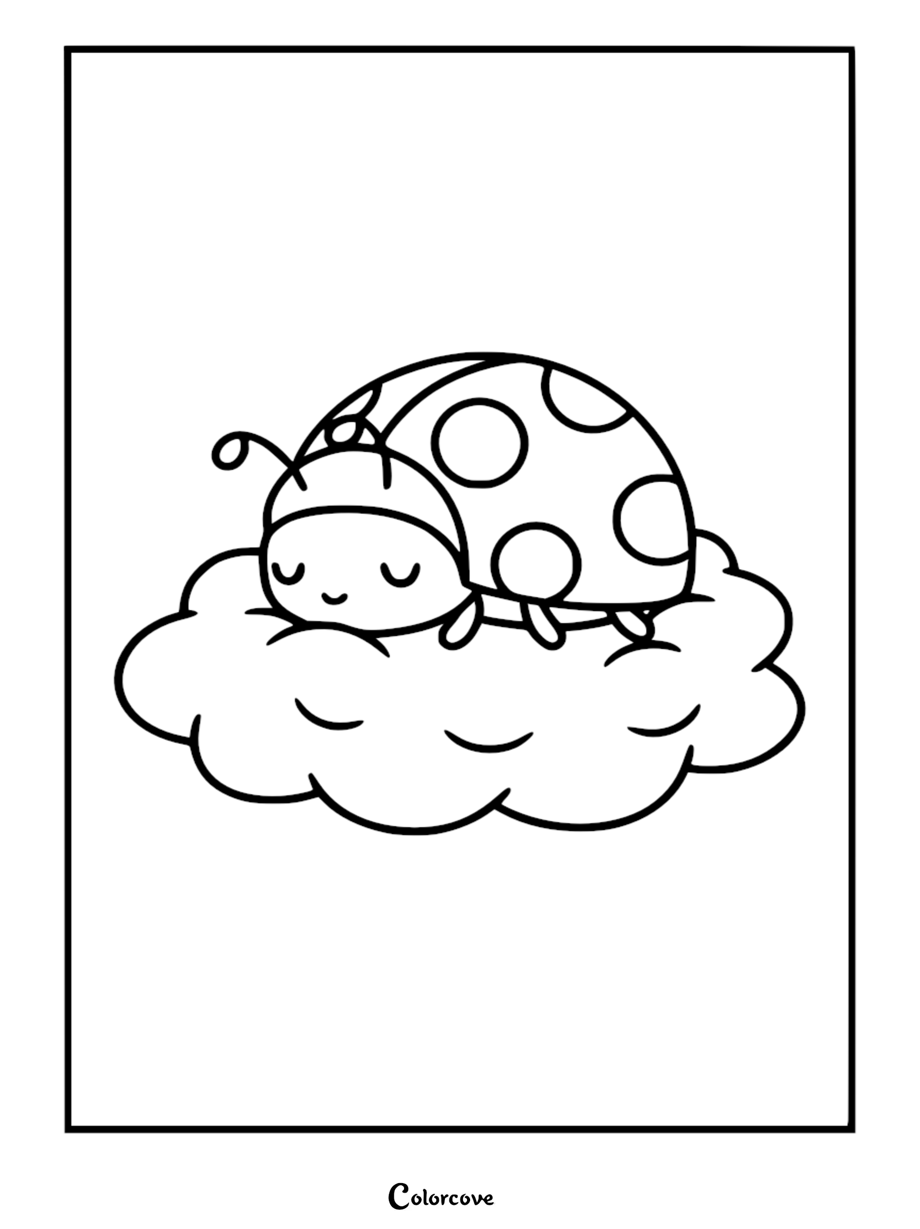 A cute Relaxing Ladybug with closed eyes sleeping peacefully on a fluffy white cloud, high-quality black and white line art coloring page.