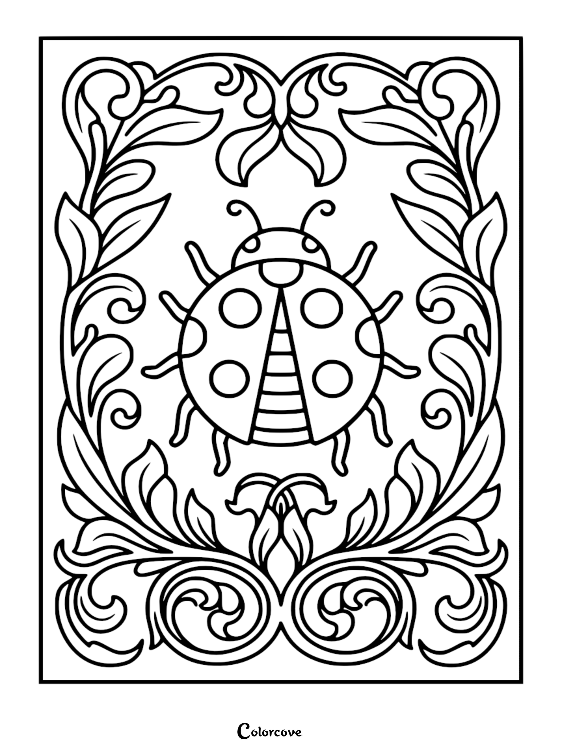A Relaxing Ladybug centered in a detailed black and white ornate floral filigree coloring page.