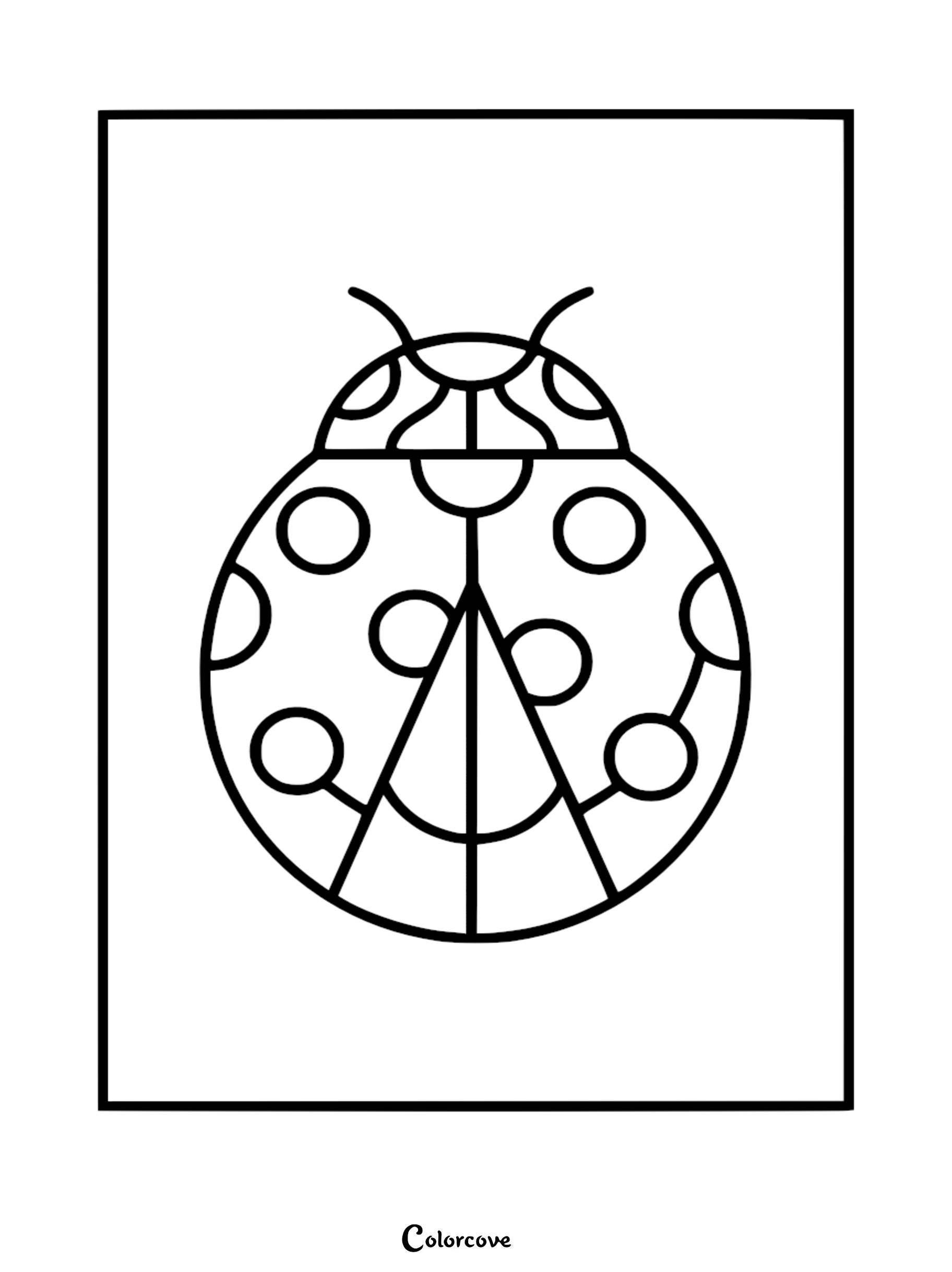 A simple line art coloring page of a cute Relaxing Ladybug featuring bold outlines, large circular spots, and clean geometric wings.