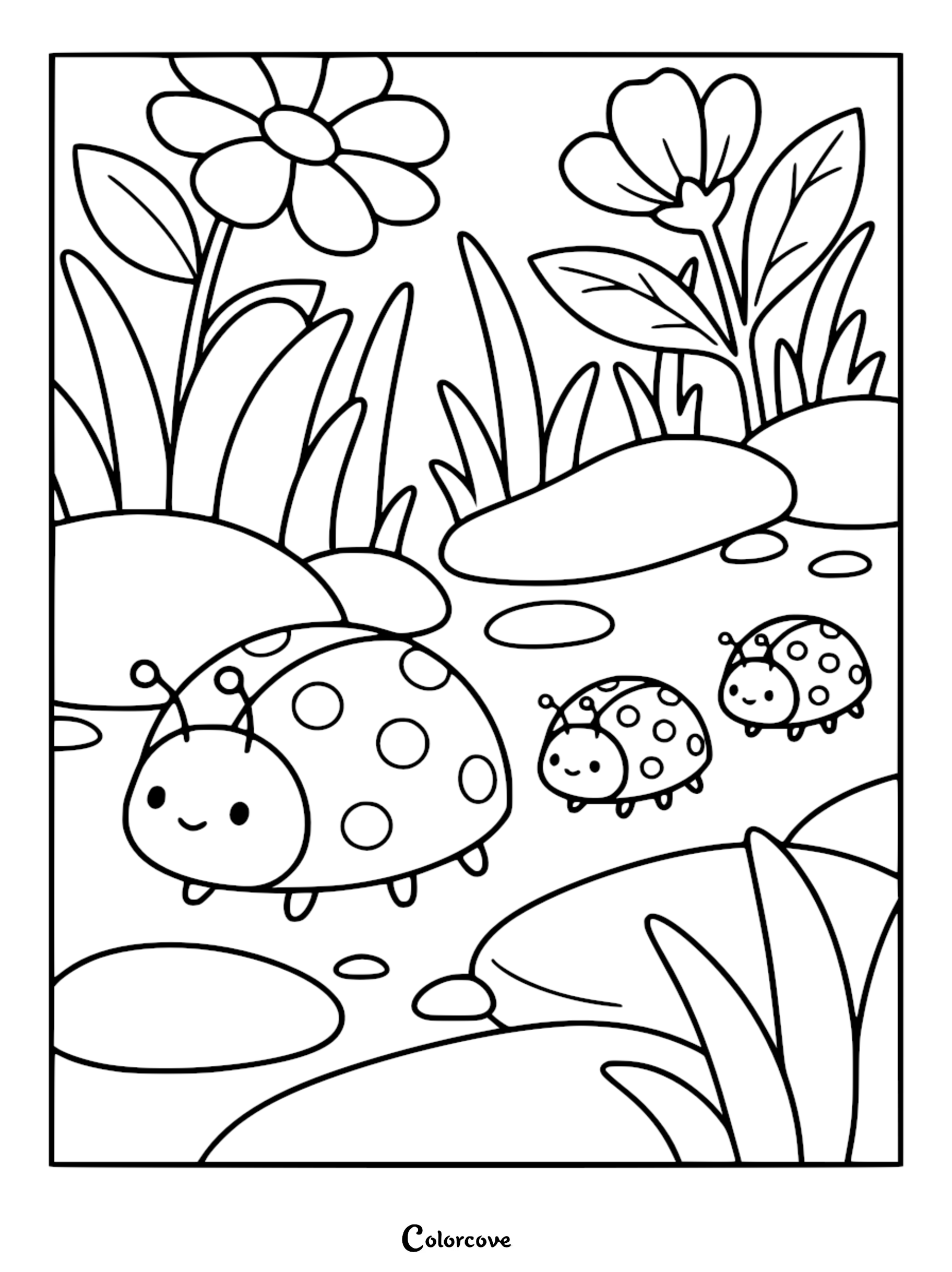 A printable coloring page featuring a large, happy ladybug followed by two smaller ladybugs, relaxing in a garden with flowers and smooth stones.