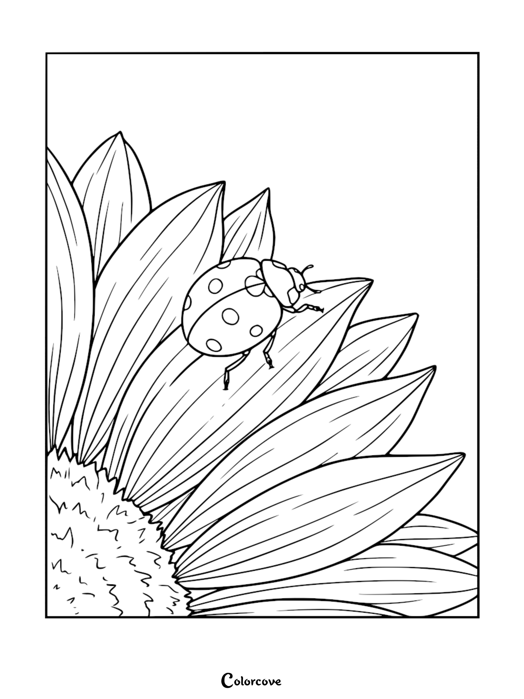 A relaxing ladybug resting on the petal of a large sunflower in this printable line art coloring page.