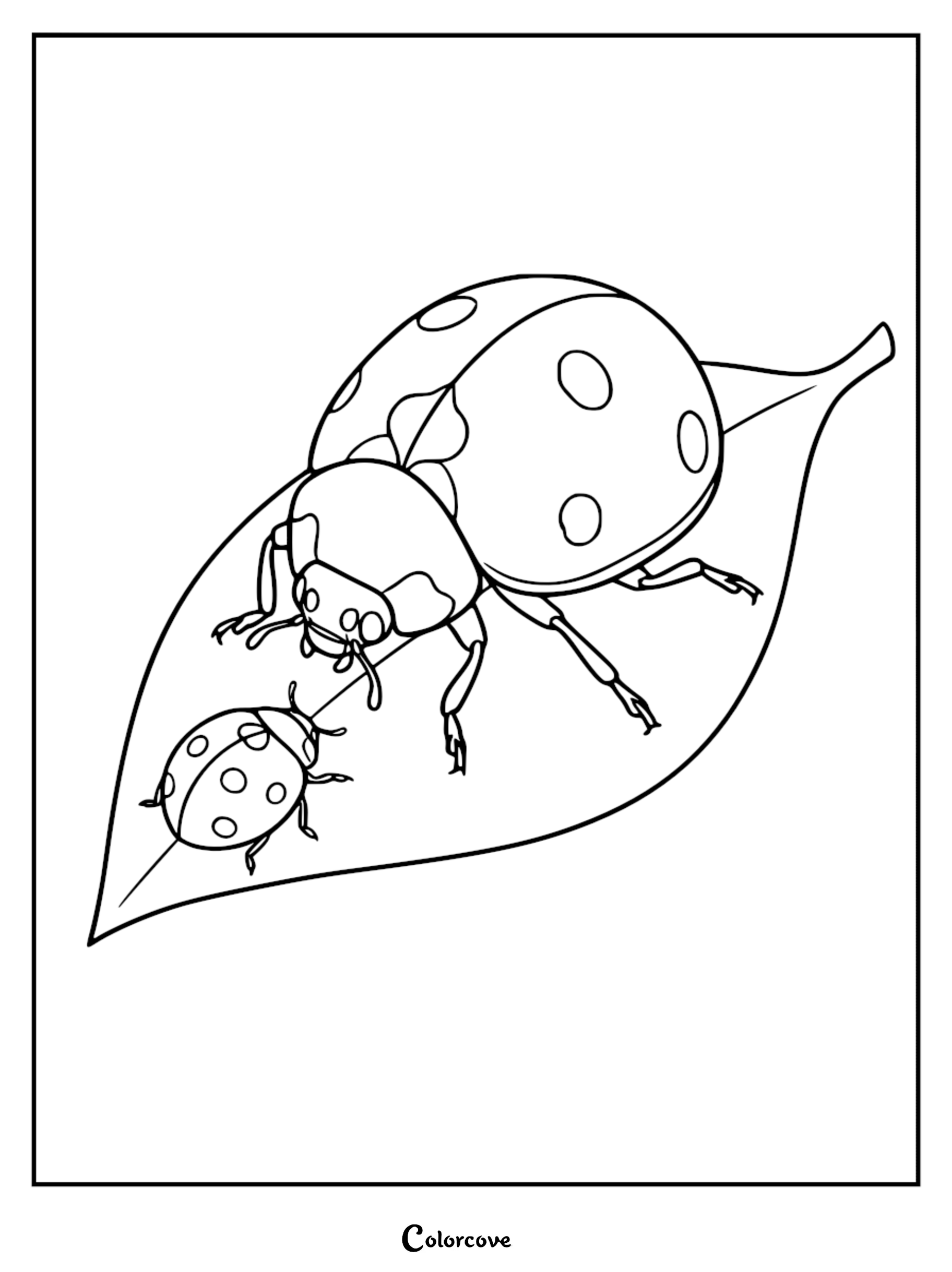 A relaxing ladybug with a smaller baby ladybug resting together on a large leaf in this detailed nature-themed coloring page.