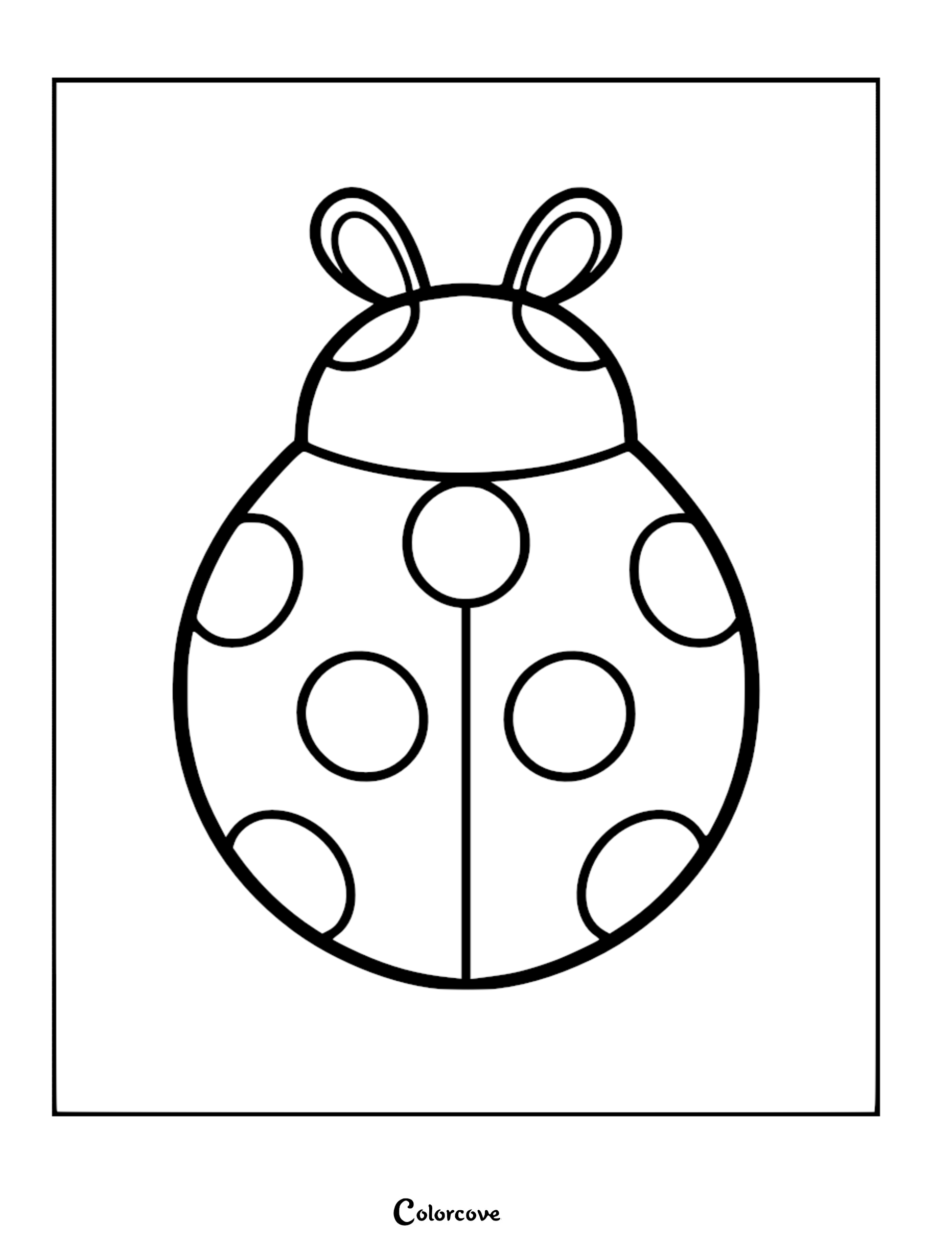 A simple black and white coloring page featuring a Relaxing Ladybug with large circular spots and oval-shaped antennae on a clean white background.
