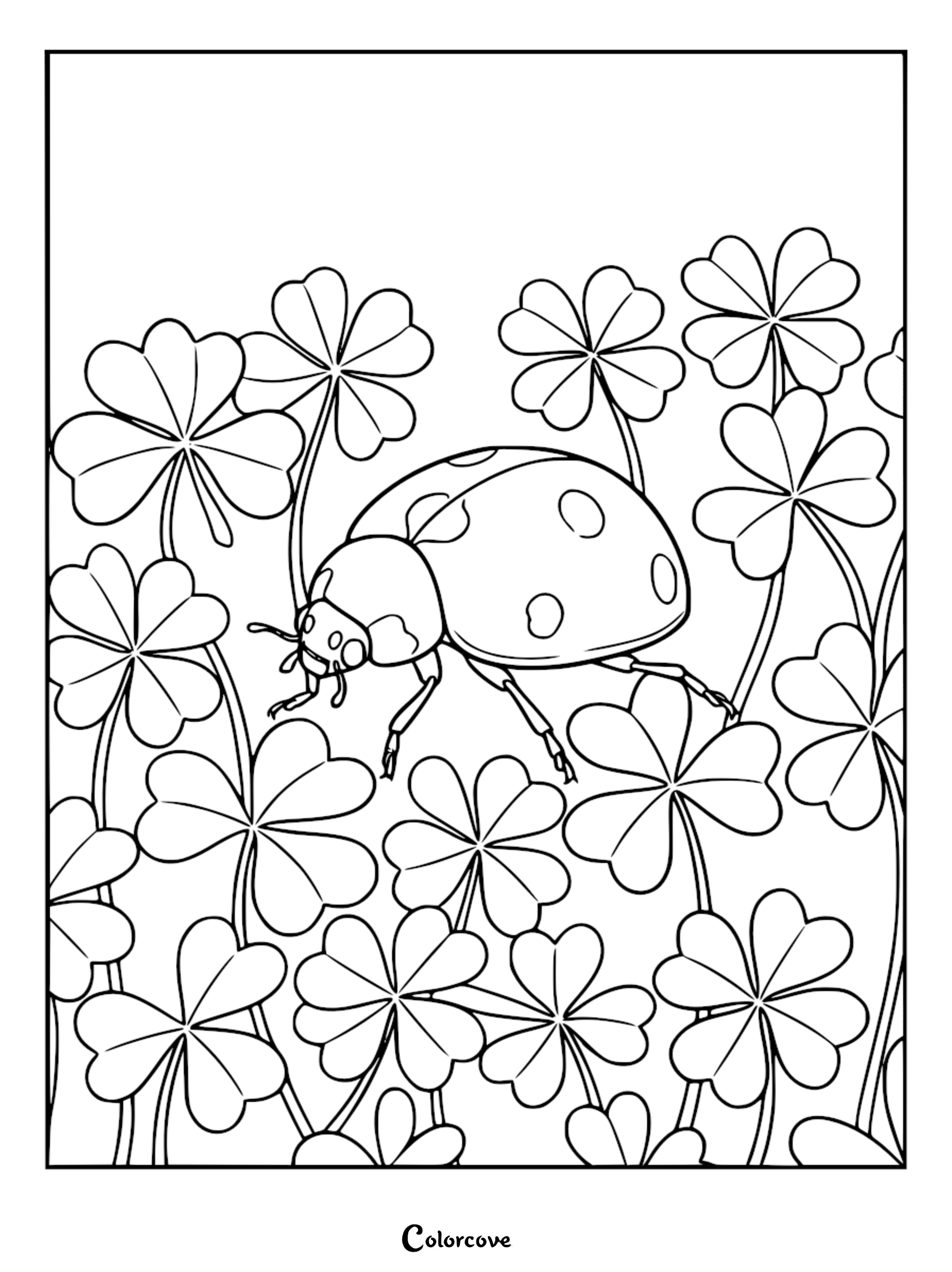 A relaxing ladybug resting among several four-leaf clover stems in this detailed printable coloring page.