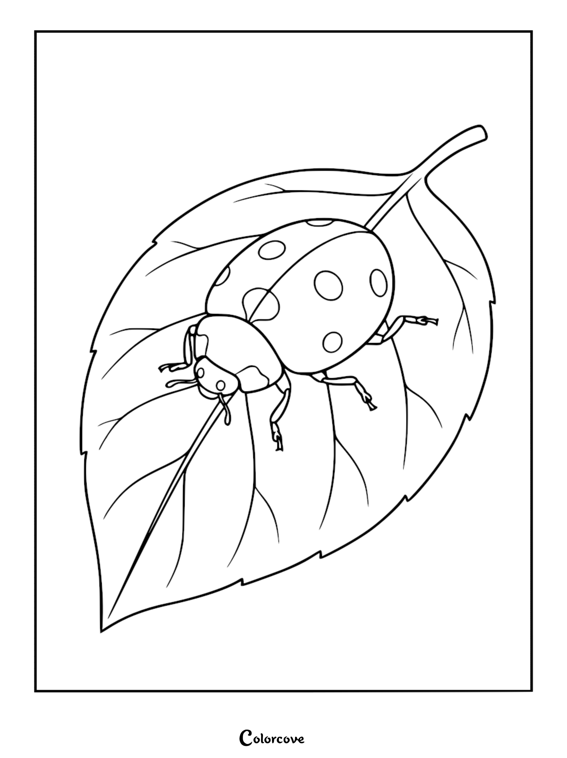 A relaxing ladybug with six visible spots resting on a large, detailed leaf in this printable coloring page line art.