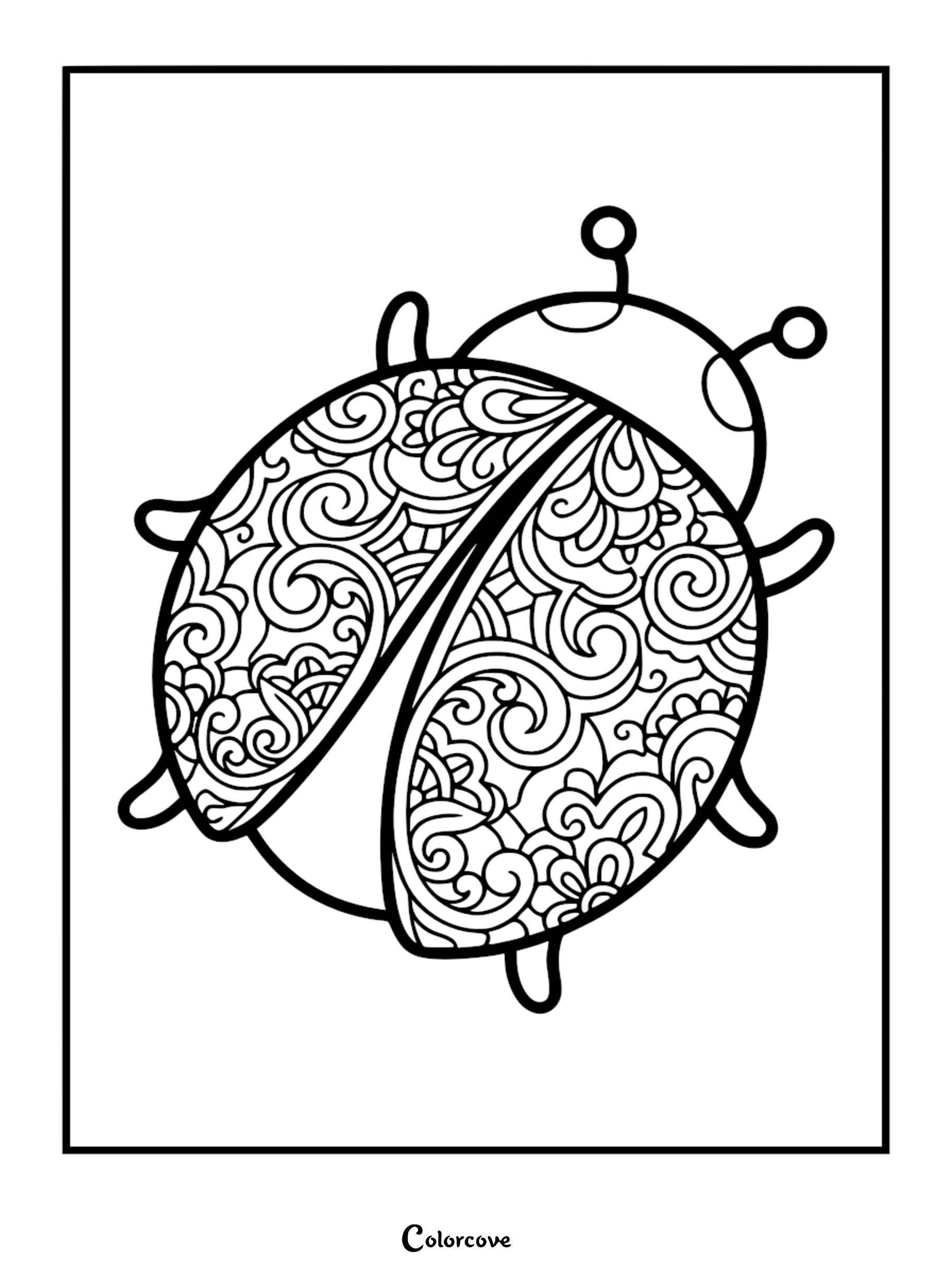A Relaxing Ladybug coloring page featuring intricate swirling paisley and floral patterns on the wings.