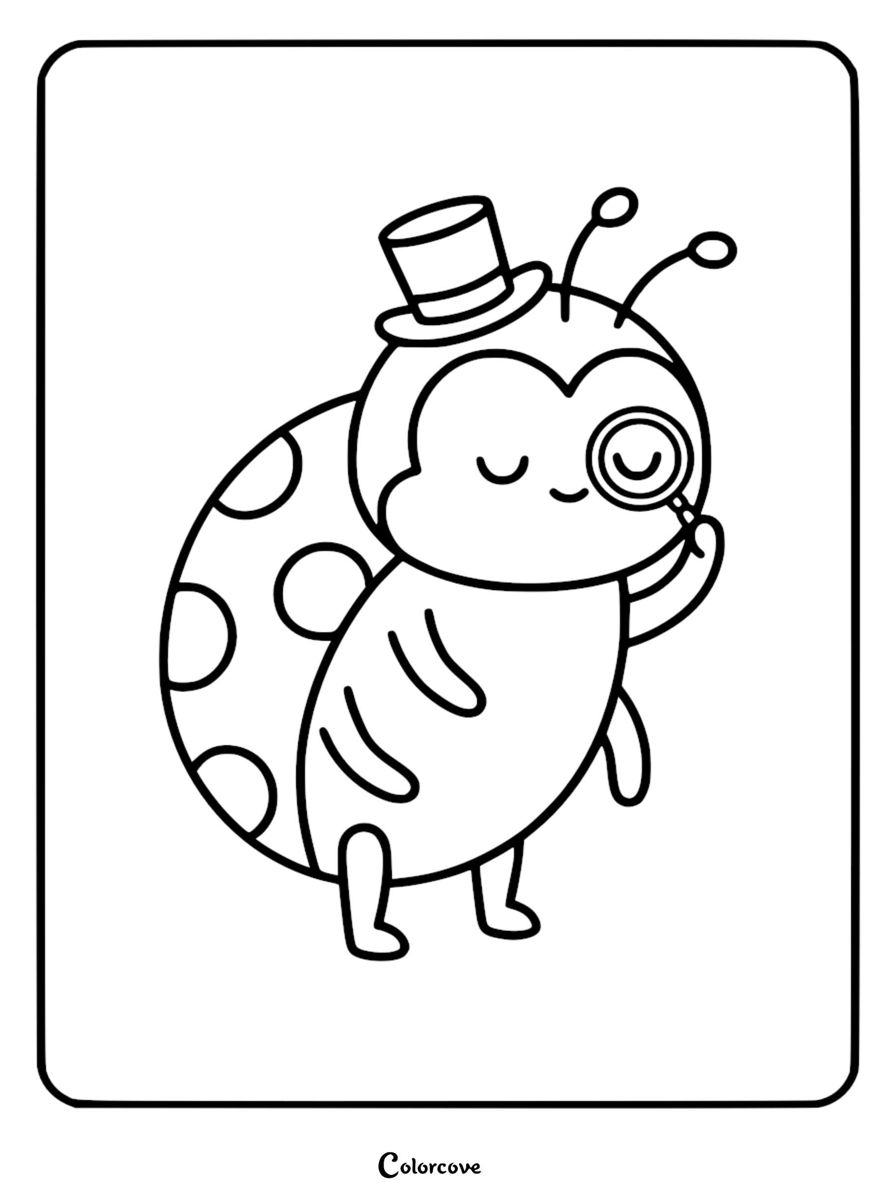 A cute Relaxing Ladybug wearing a top hat and holding a magnifying glass in this printable coloring page.