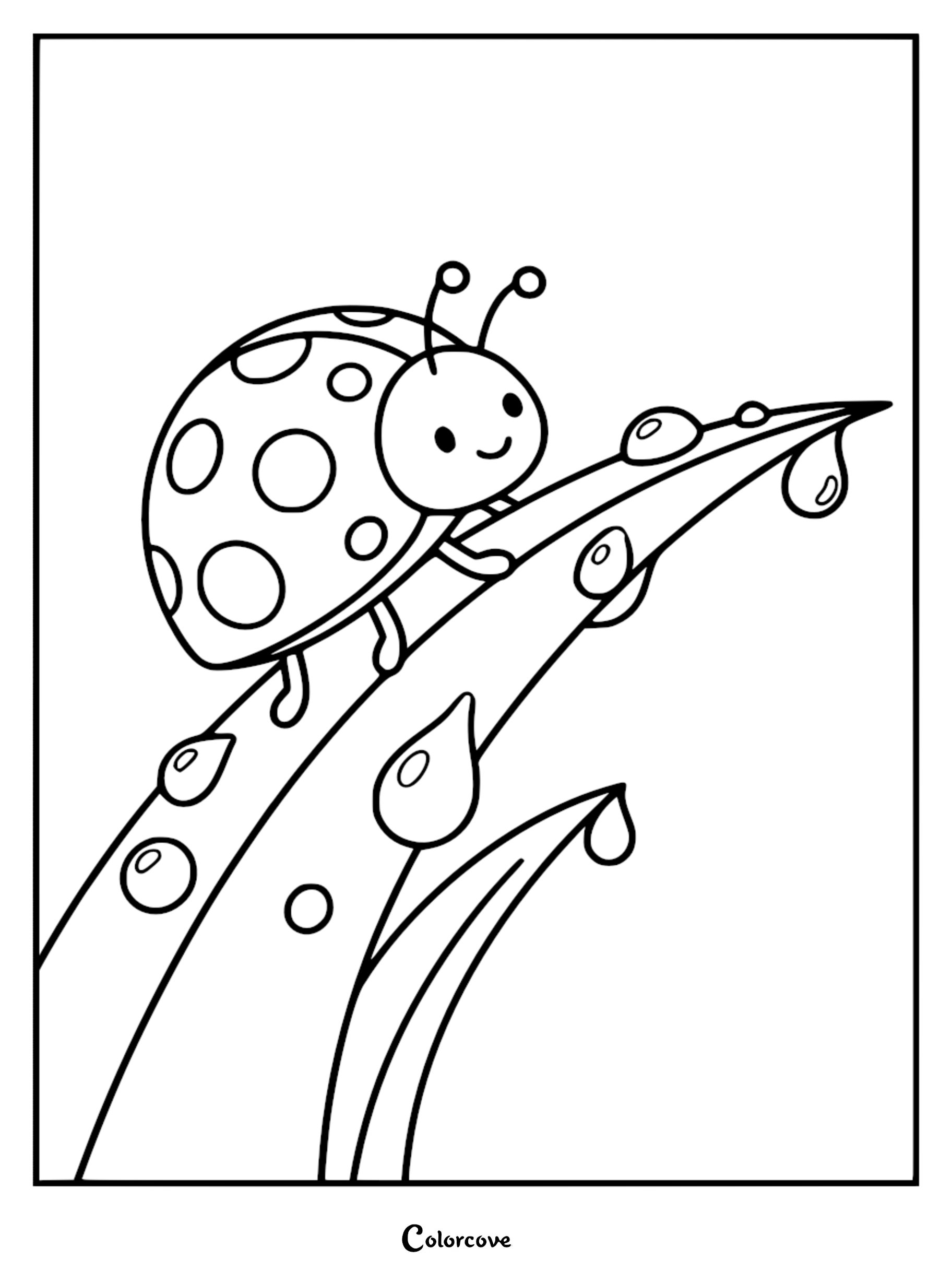 A smiling ladybug resting on a long leaf covered in water droplets, outline style coloring page.