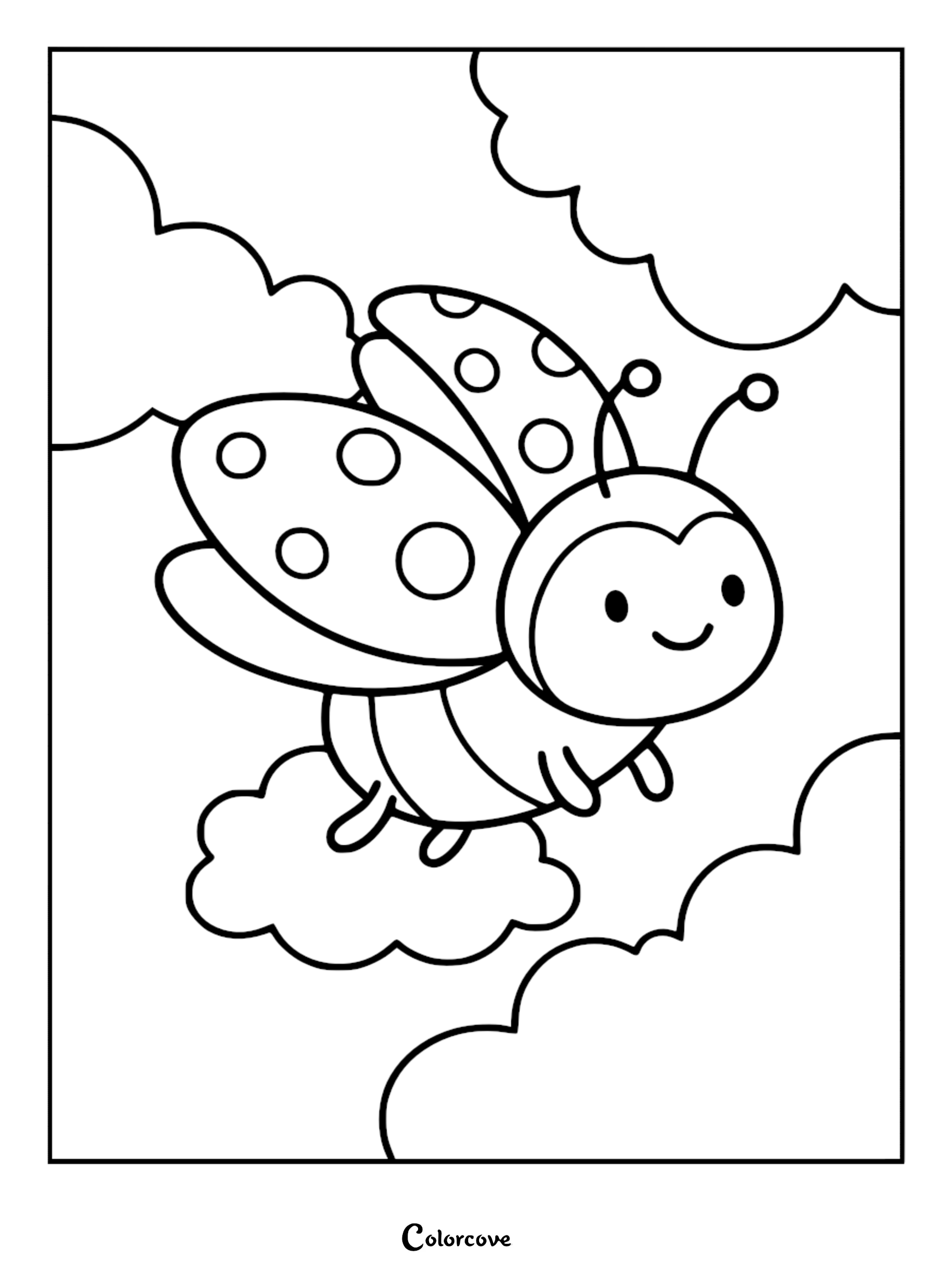 A cute cartoon Relaxing Ladybug flying gently through a sky filled with fluffy clouds in this black and white printable coloring page.