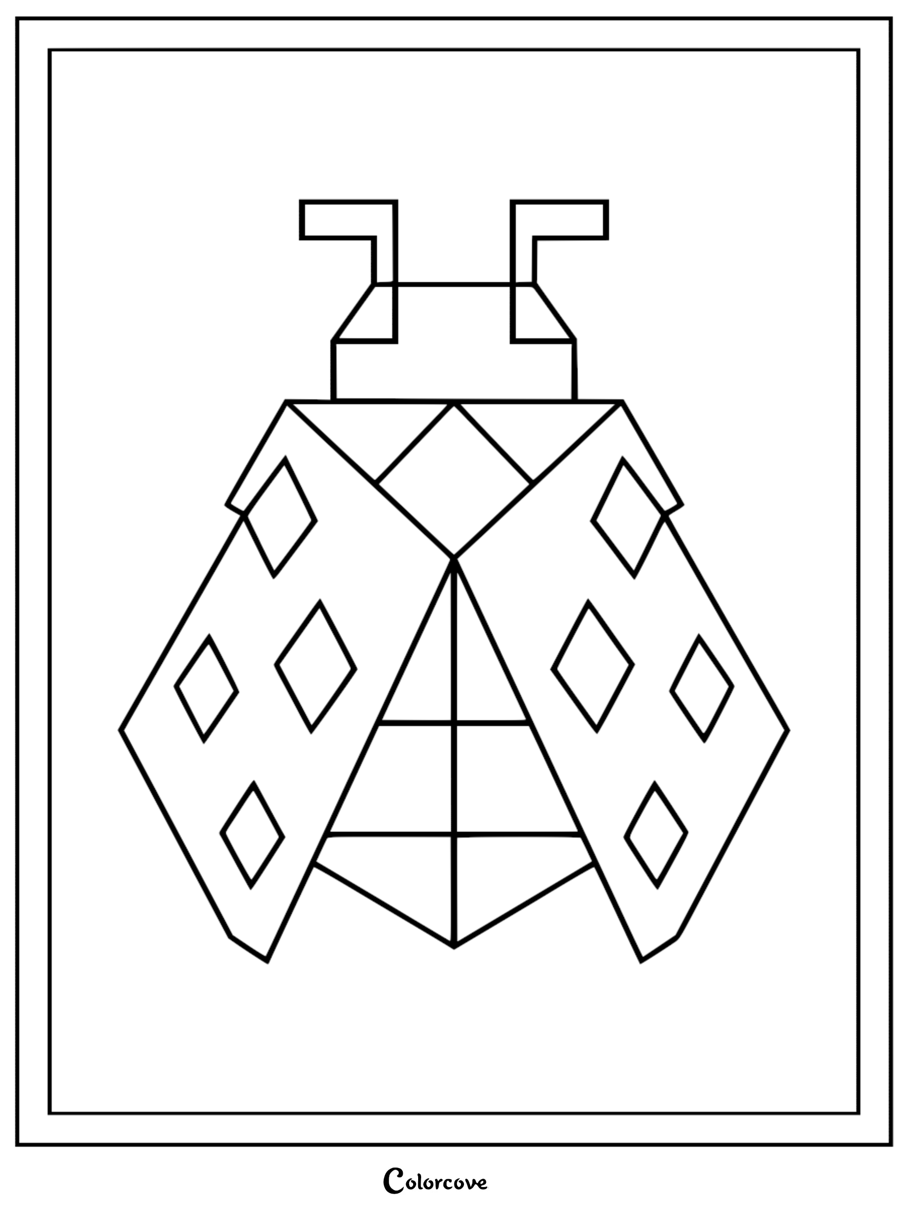 A simple geometric ladybug coloring page featuring a sharp, angular design with diamond-shaped spots on its wings.