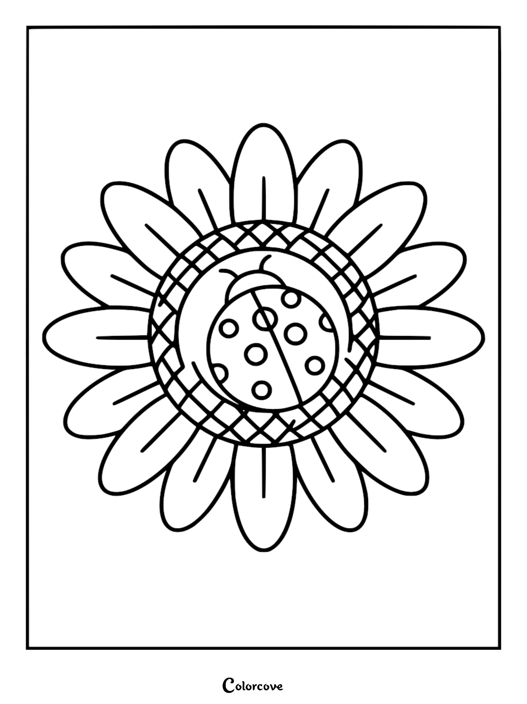 A cute Relaxing Ladybug resting in the center of a detailed sunflower bloom in this printable coloring page.