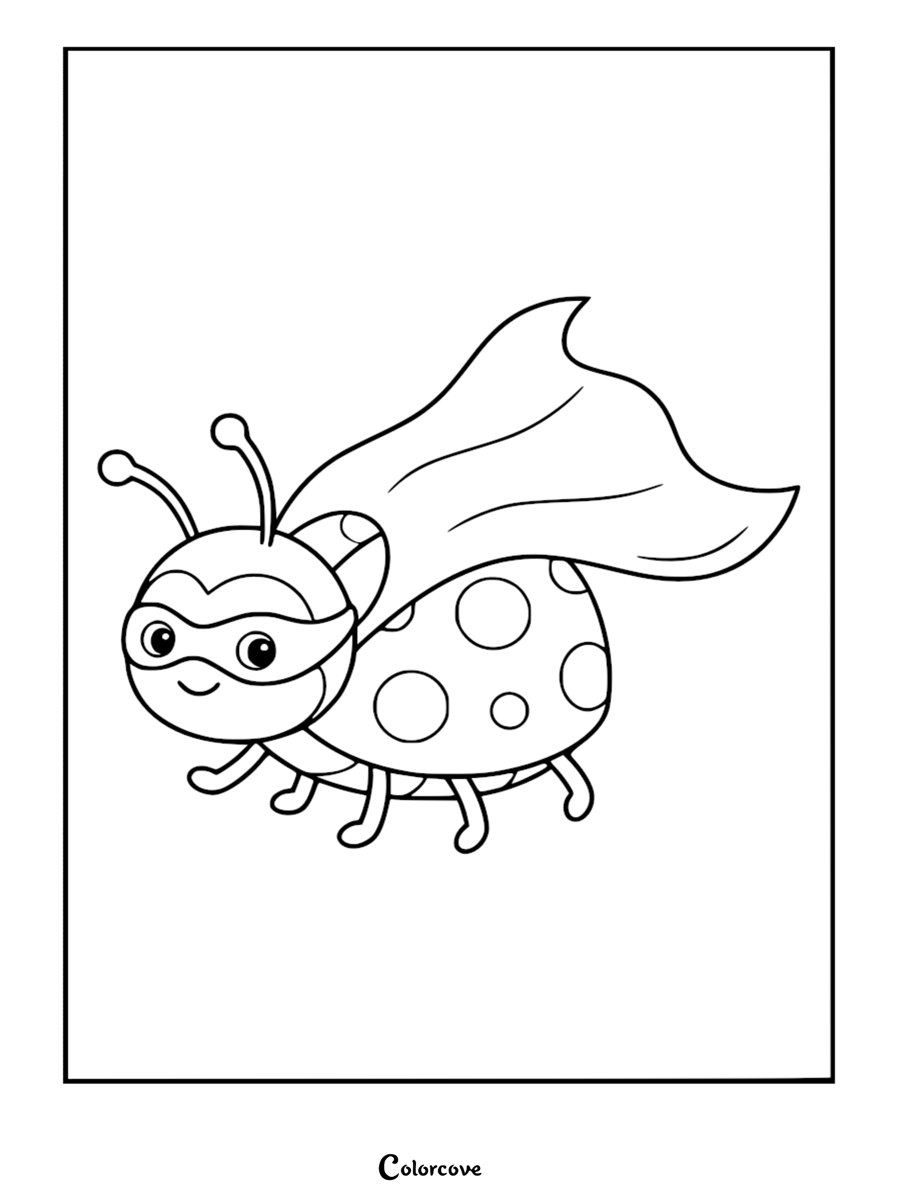 A cute ladybug wearing a superhero mask and flowing cape, featured in this printable coloring page for kids.