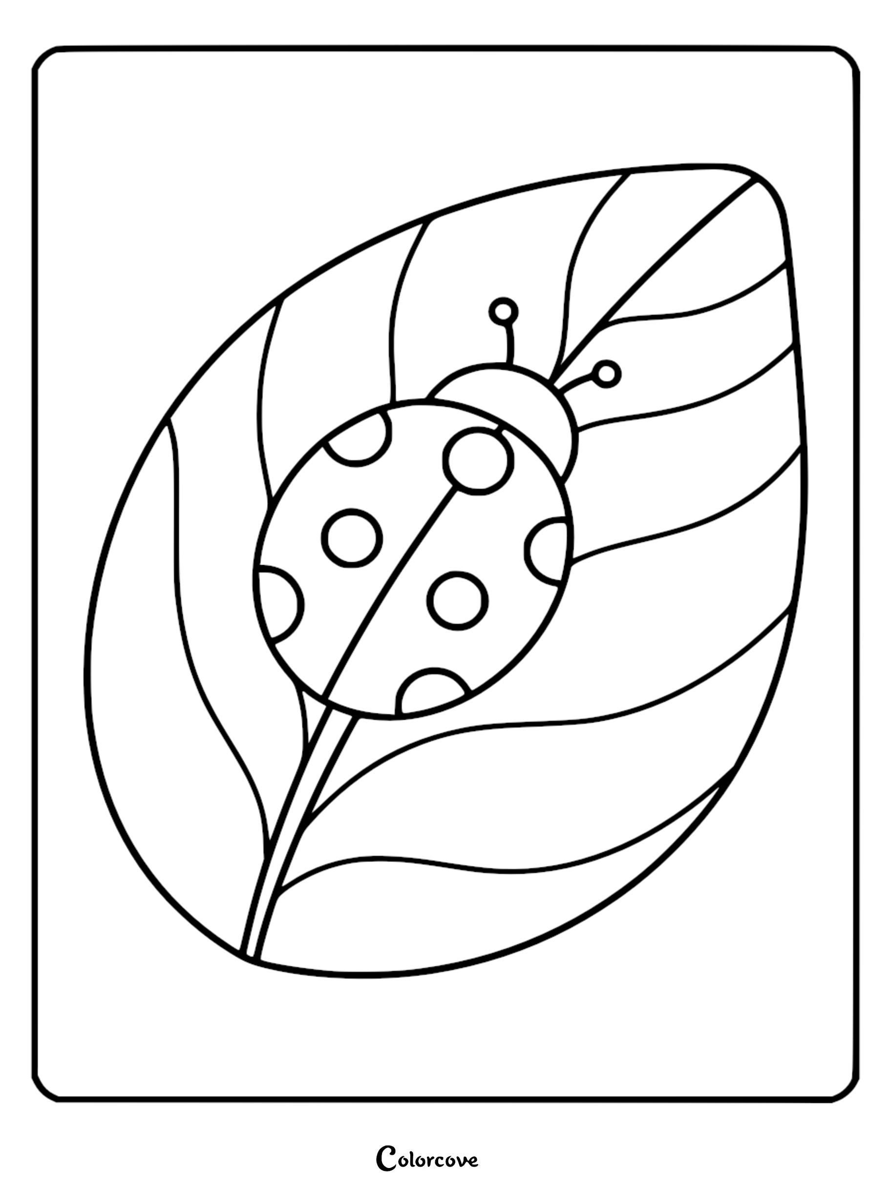 Simple coloring page featuring a spotted ladybug resting on a large, smooth garden leaf with distinct veins.