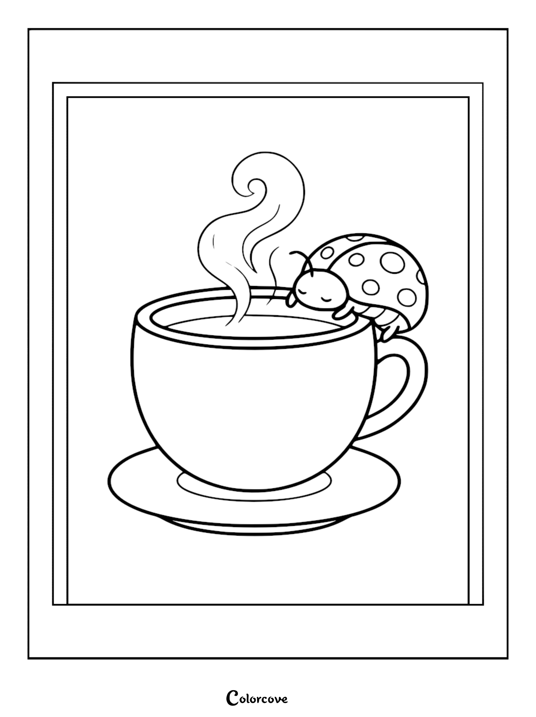A cute Relaxing Ladybug napping on the rim of a steaming coffee cup, black and white line art coloring page.