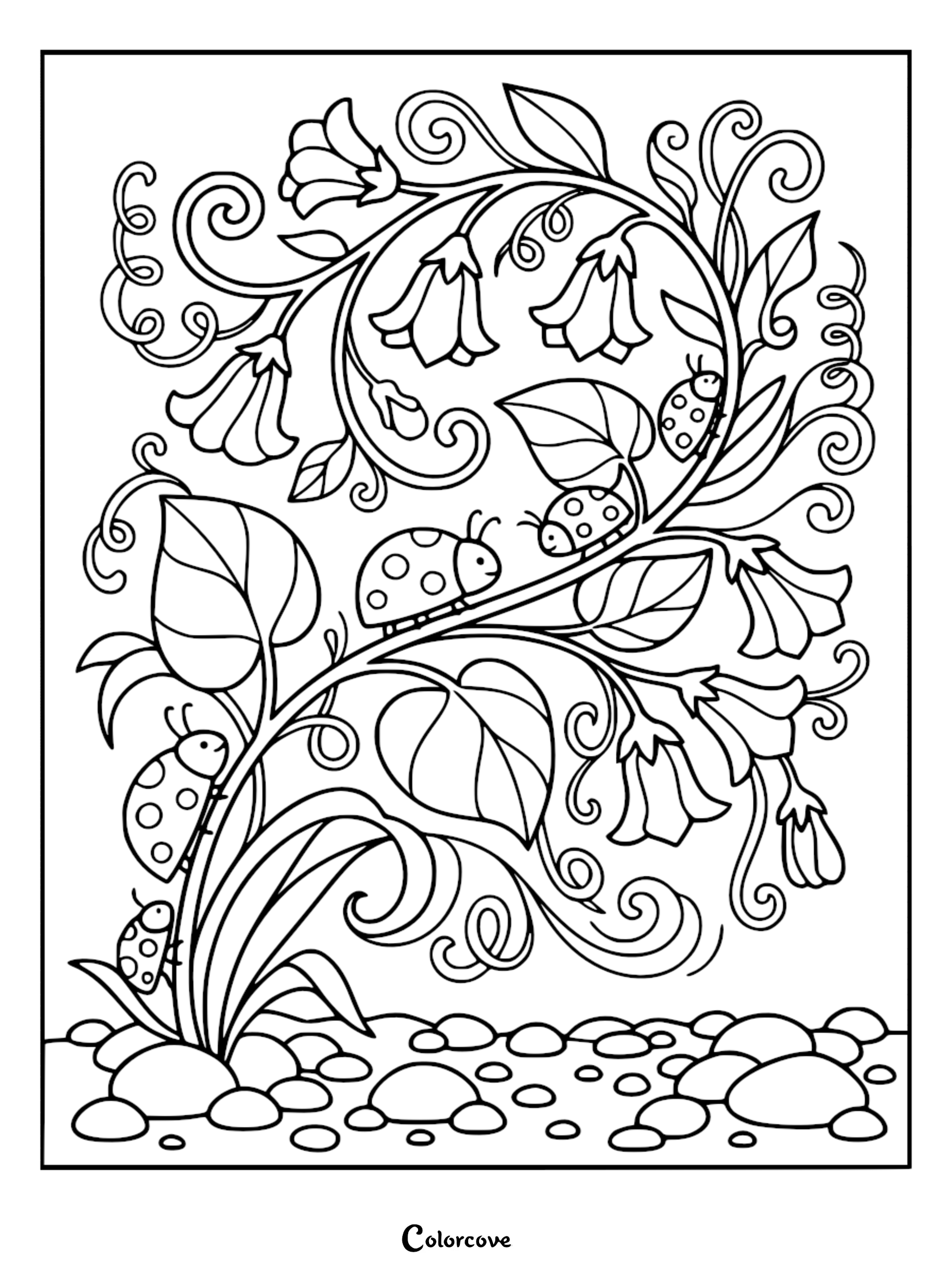 A relaxing ladybug coloring page featuring multiple spotted ladybugs crawling on a winding vine with large bell-shaped flowers and leafy stems over a pebble-strewn ground.