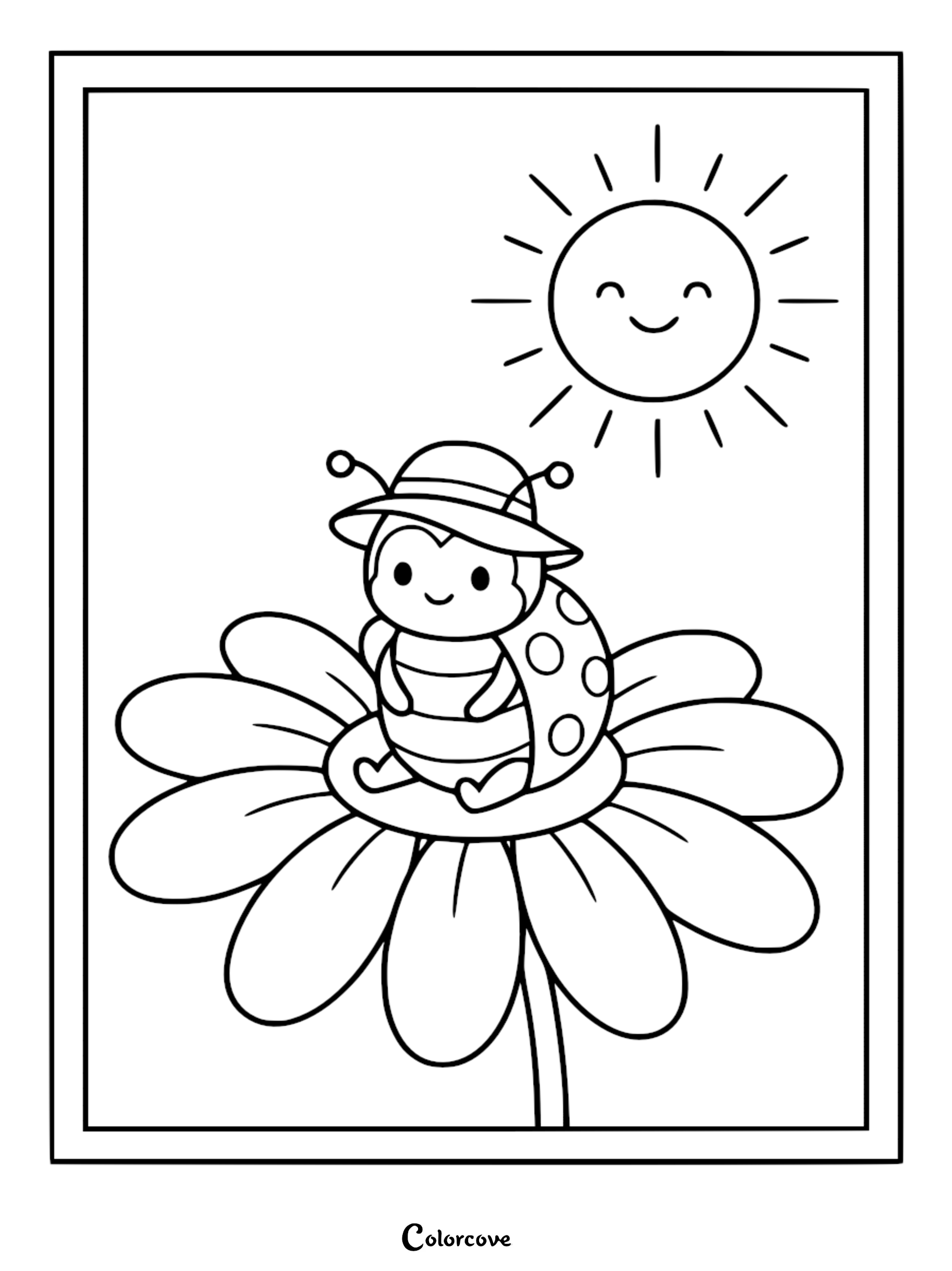 A cute ladybug wearing a straw hat sitting on a daisy under a smiling sun coloring page