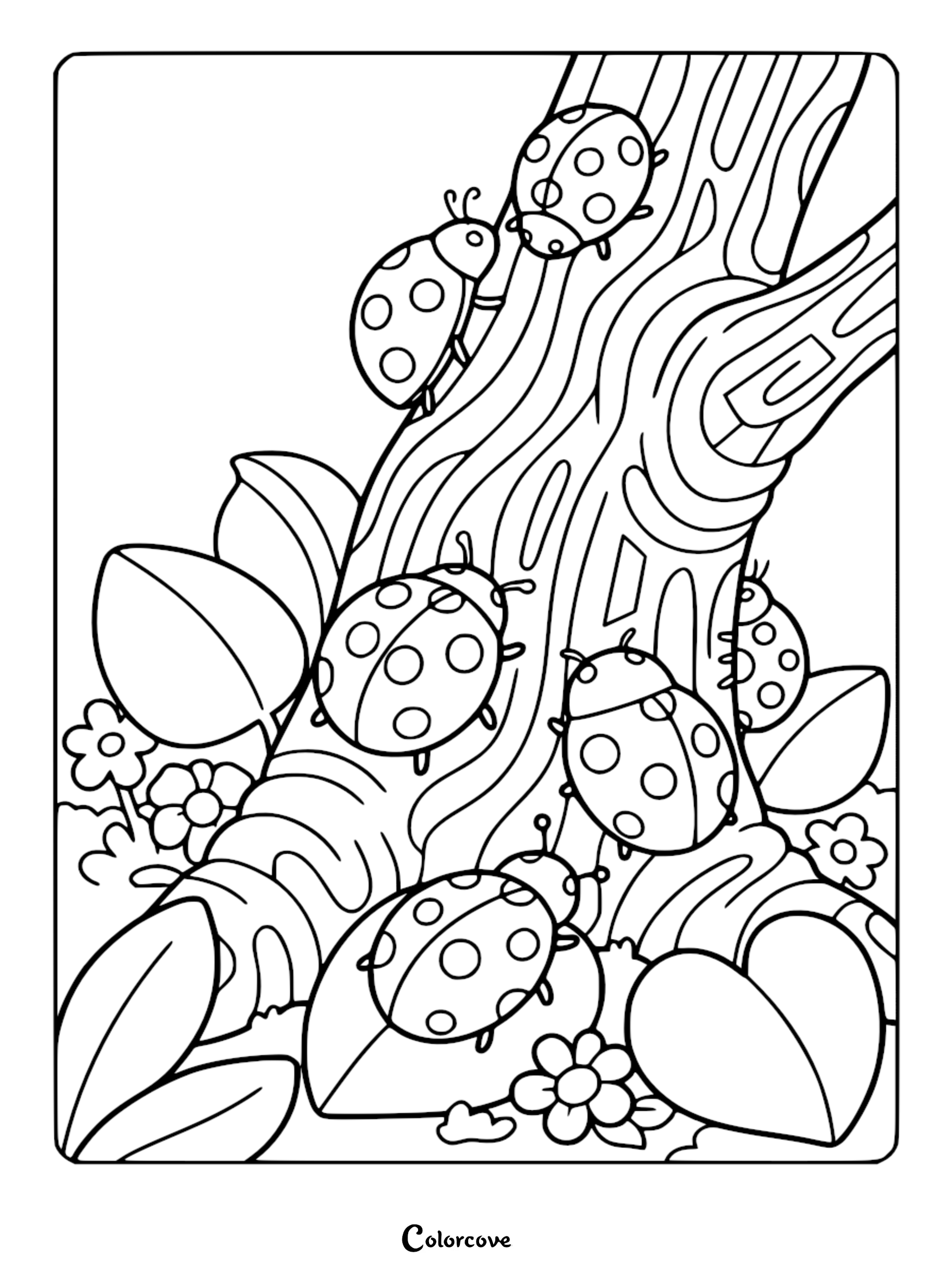 A relaxing ladybug coloring page featuring multiple spotted ladybugs crawling on a textured tree trunk surrounded by leaves and small flowers.