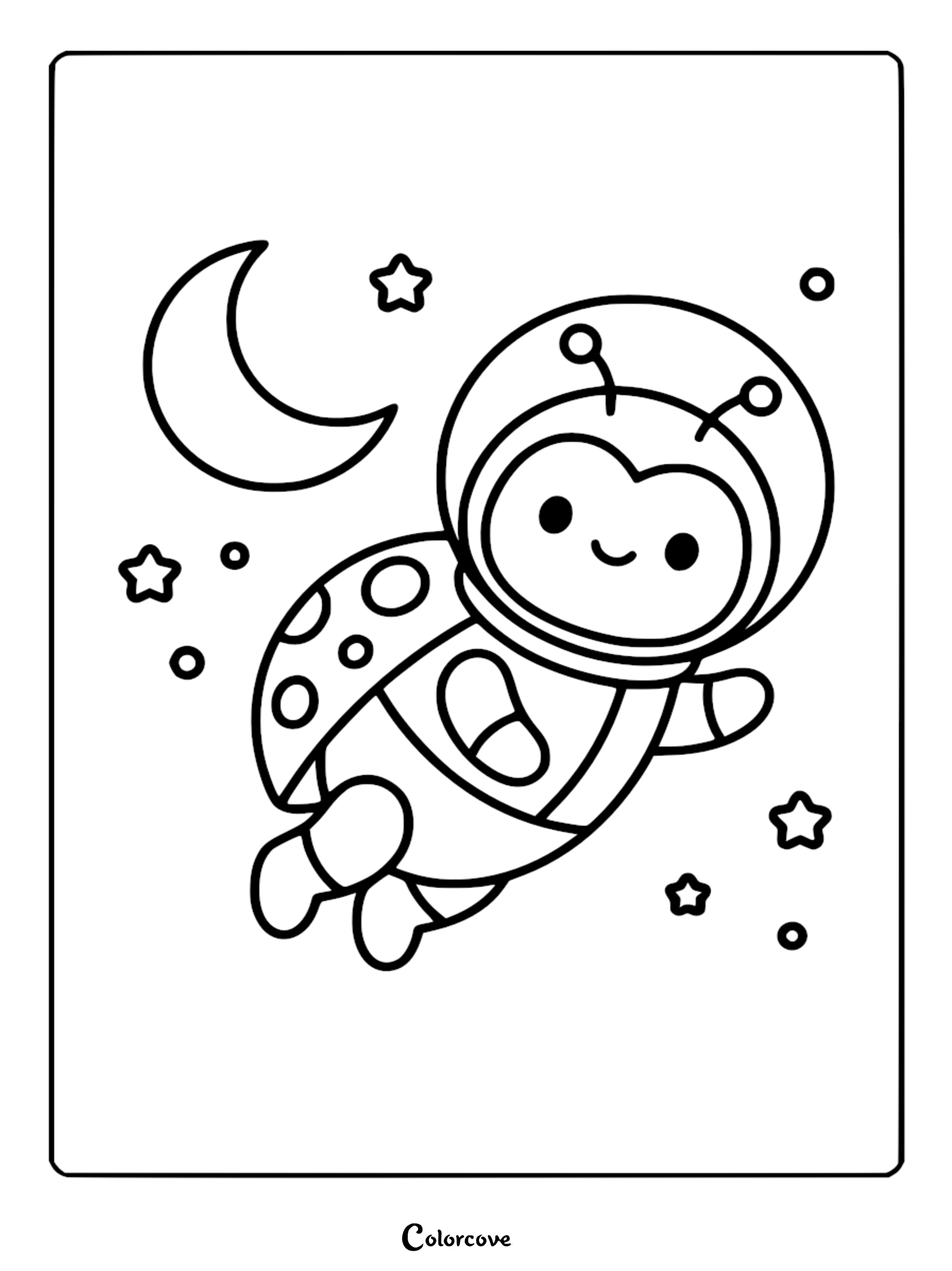 A cute Relaxing Ladybug dressed as an astronaut floating in space surrounded by a crescent moon and stars, line art coloring page.