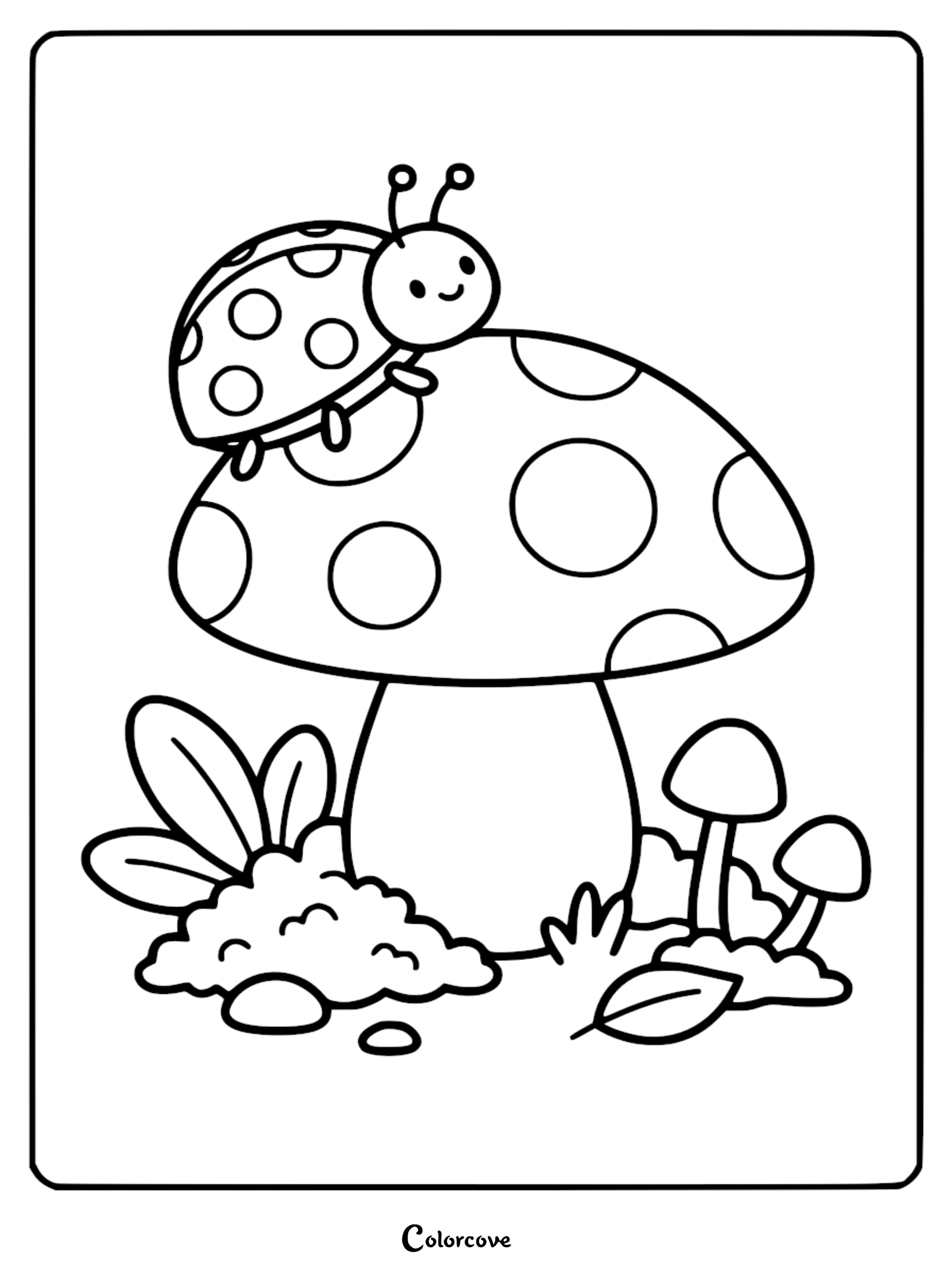 A cute Relaxing Ladybug resting on a large polka-dot mushroom surrounded by tiny forest fungi, leaves, and rocks in this printable coloring page.