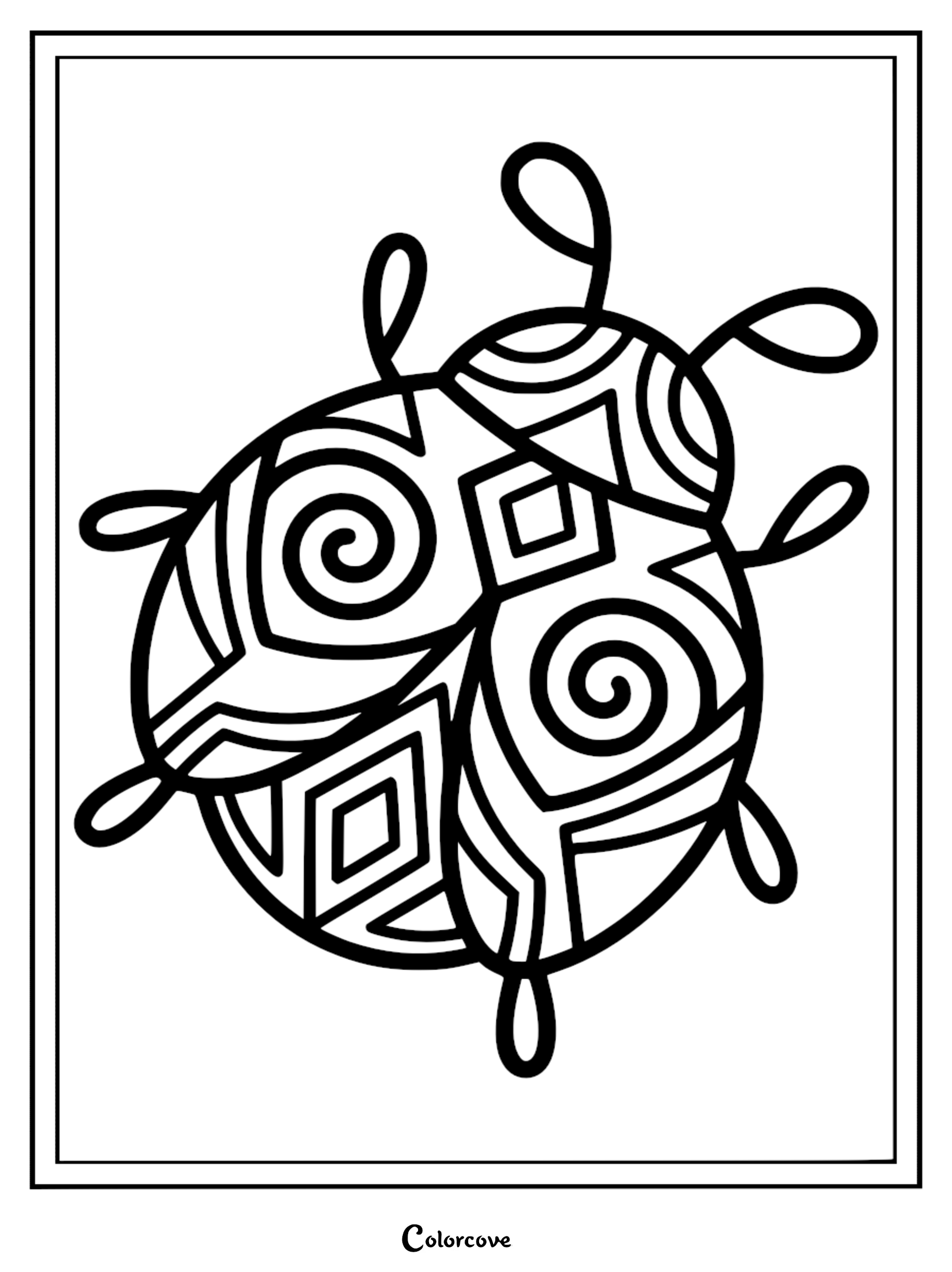 Relaxing ladybug with Zentangle-inspired geometric patterns including spirals and diamonds, bold black line art coloring page.