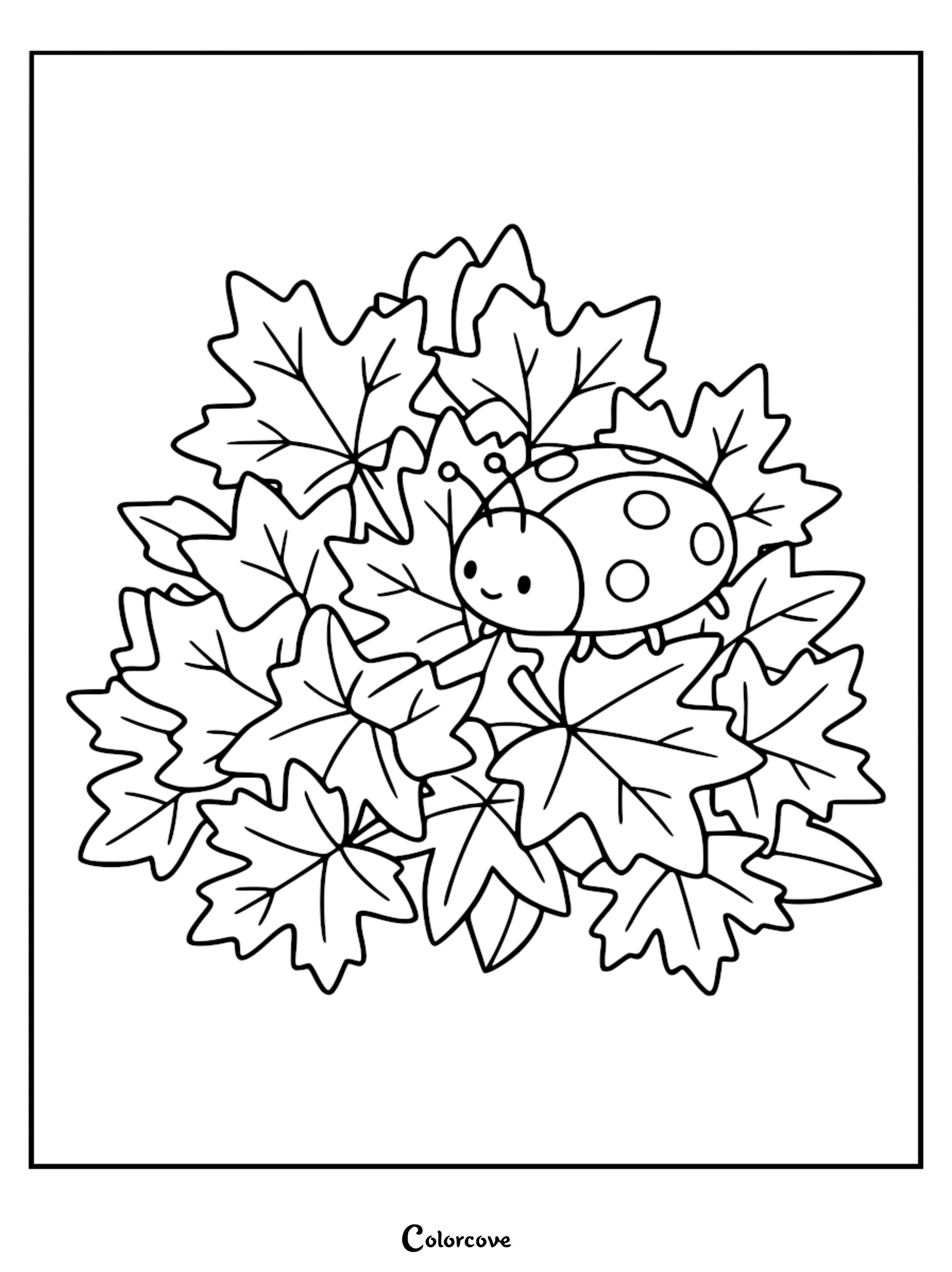 A smiling ladybug resting on a pile of maple leaves in this clean line art coloring page.