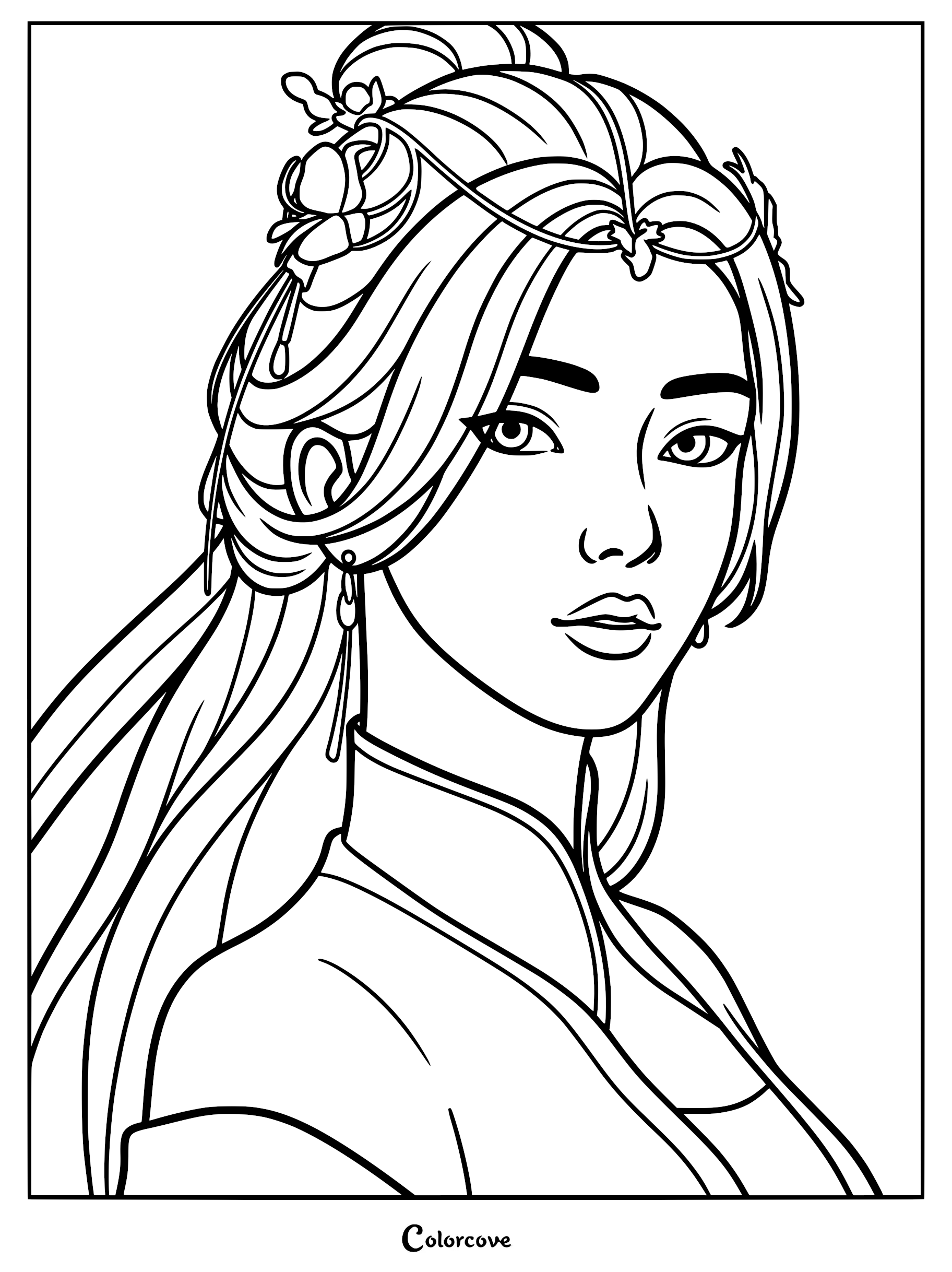 A detailed black and white line art coloring page of Li Muwan from Renegade Immortal featuring intricate hair ornaments, long dangling earrings, and a high-collared robe.