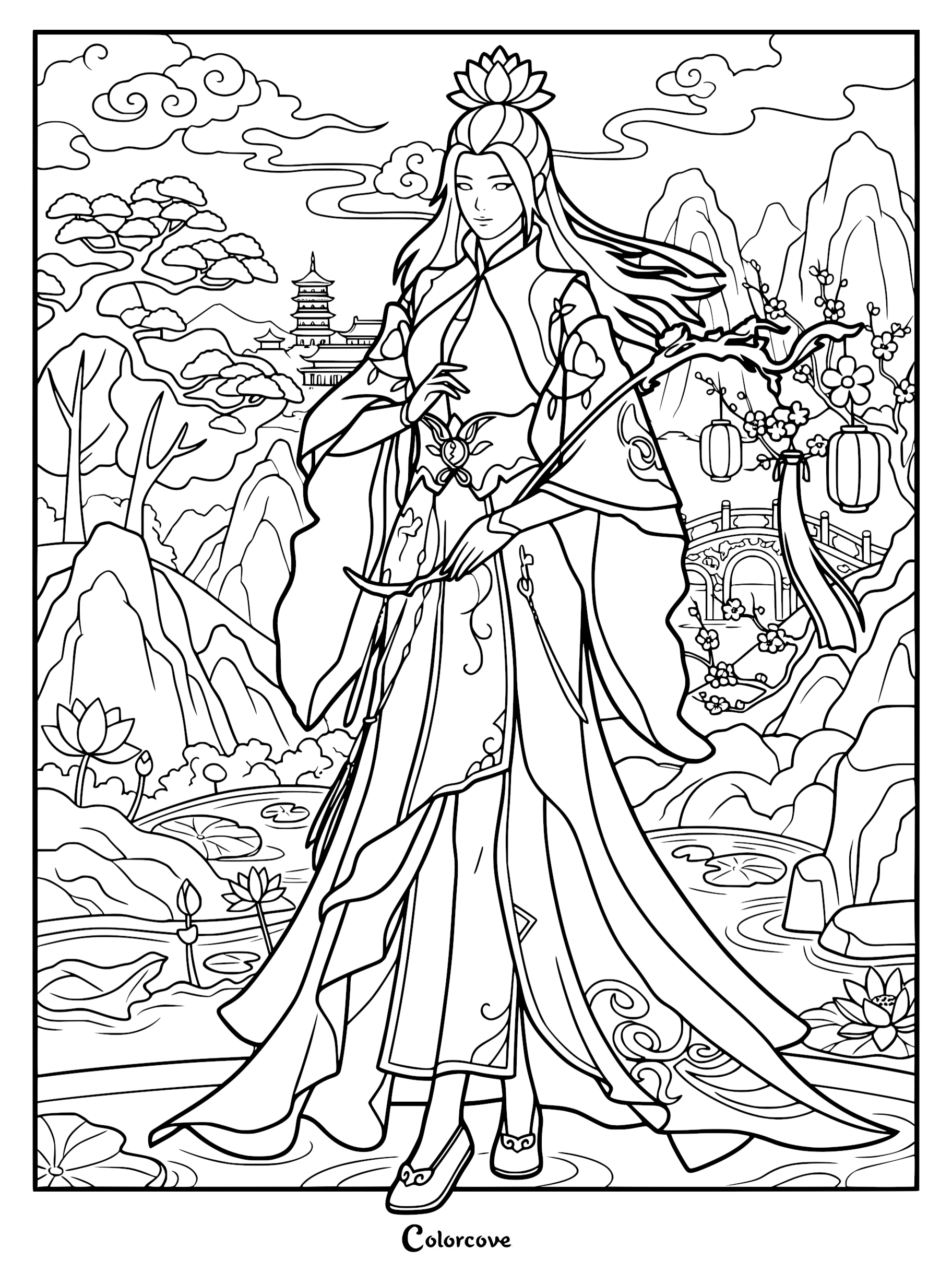 A detailed line art coloring page of Liu Mei from Renegade Immortal wearing intricate flowing robes and a lotus crown, standing in a traditional landscape with mountains, a pagoda, and a lotus pond.
