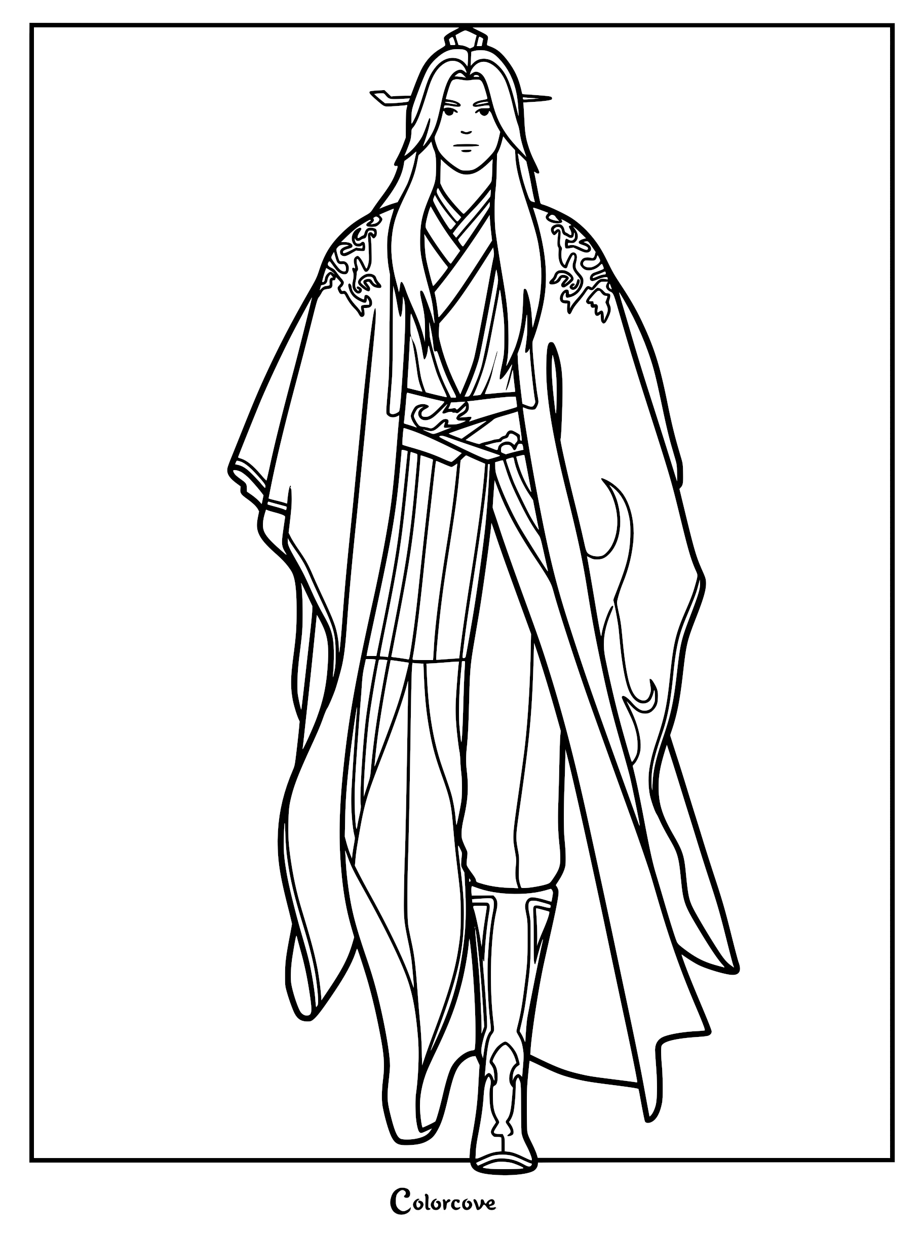 Black and white coloring page of Wang Lin from Renegade Immortal featuring his signature long hair and ornate cultivator robes.