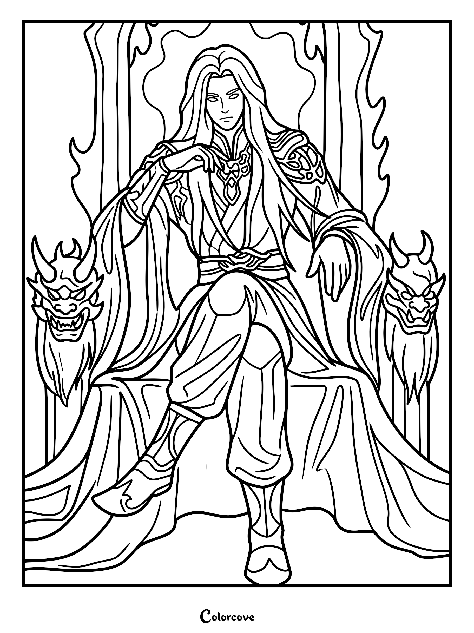 Detailed line art coloring page of Wang Lin from Renegade Immortal sitting on a stone throne with demonic head armrests, featuring his long hair, ornate robes, and armored boots.