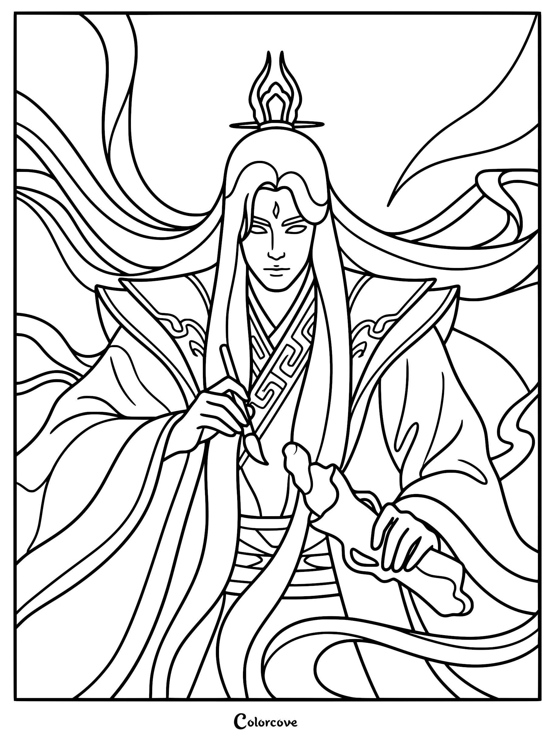 Intricate coloring page of Wang Lin from Renegade Immortal, featuring the character with long flowing hair and a vertical forehead mark holding a traditional calligraphy brush and scroll.