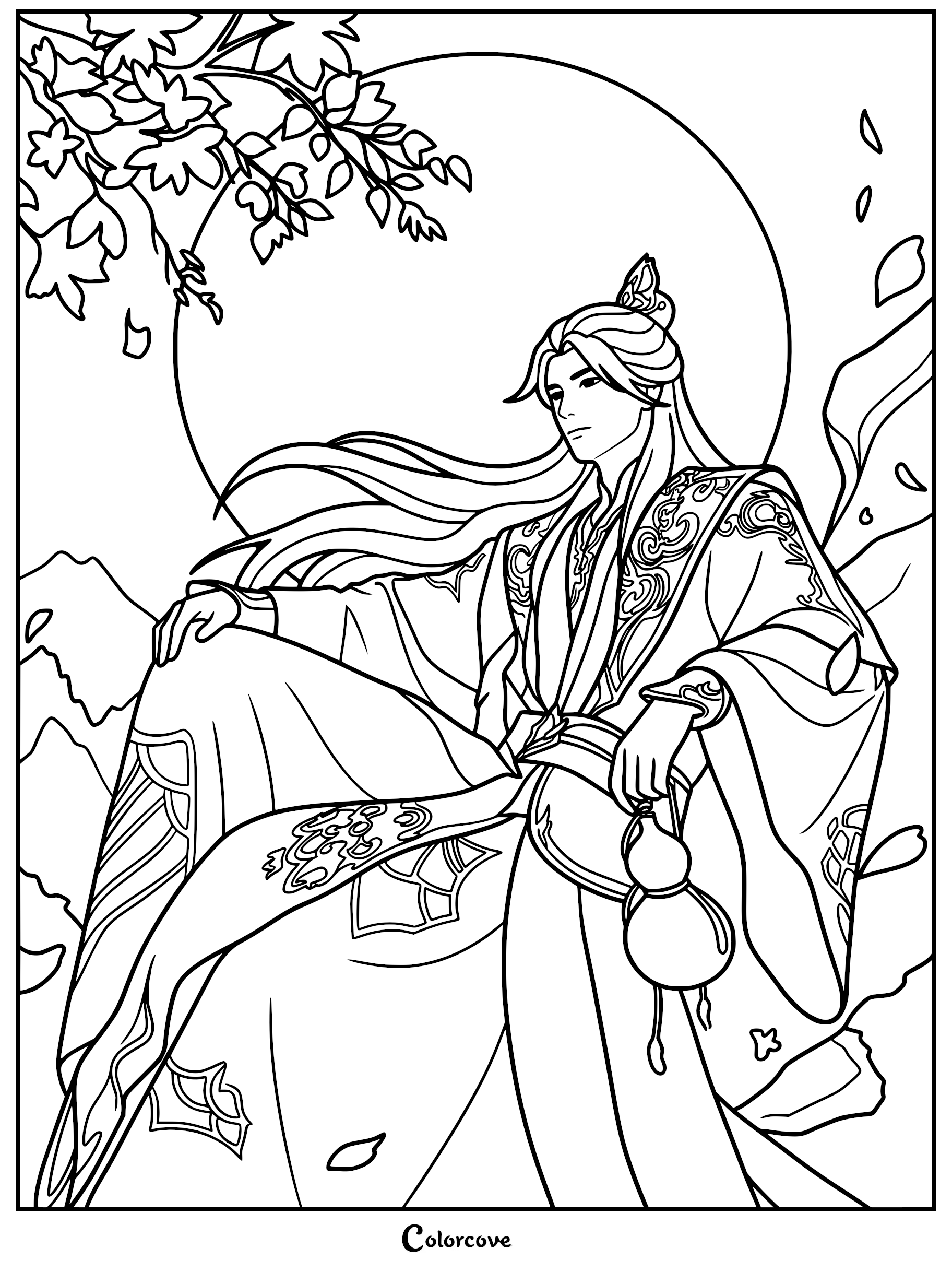 Detailed line art coloring page of Wang Lin from Renegade Immortal sitting with a gourd under a full moon and maple leaves.