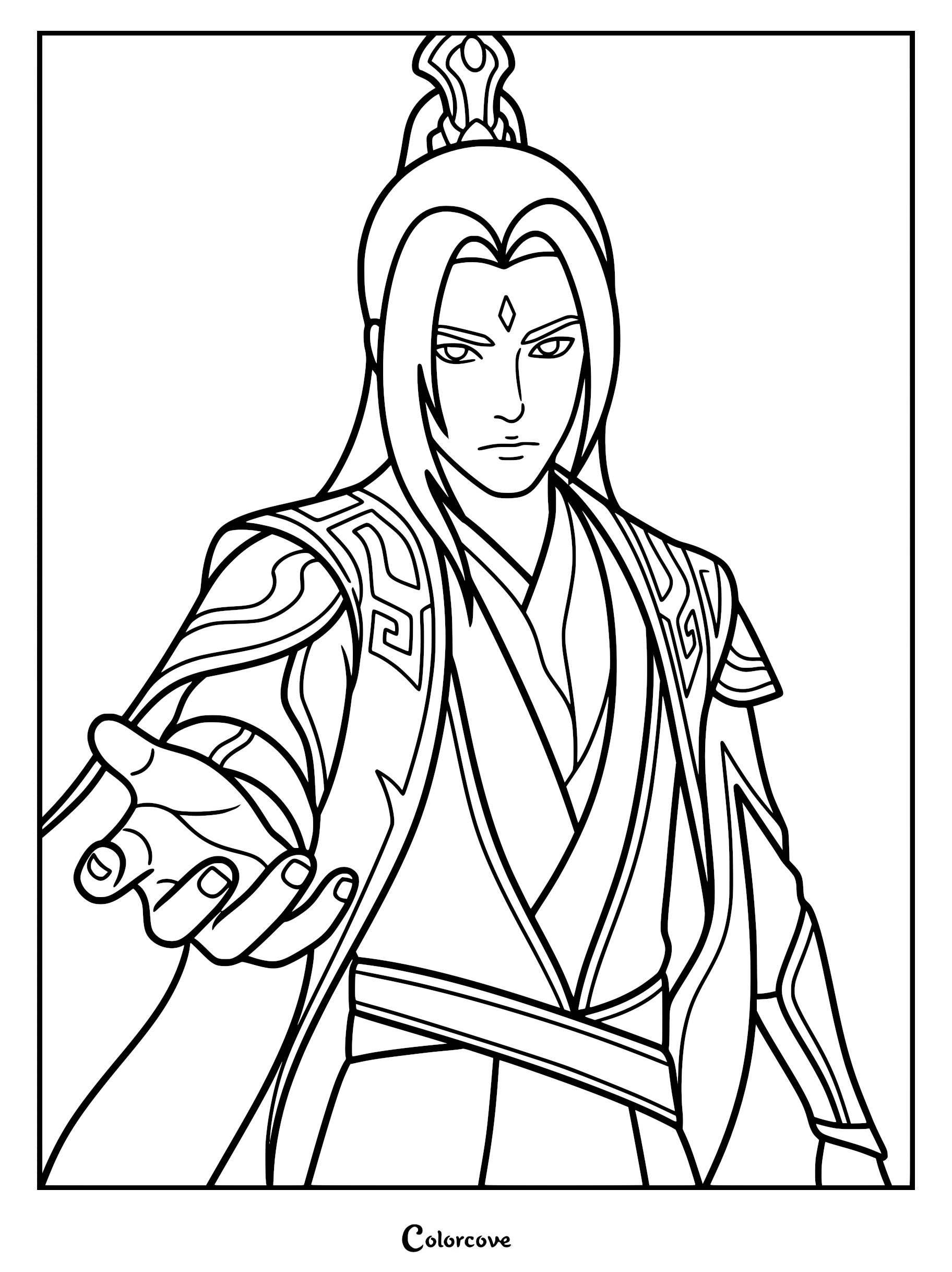 A detailed line art coloring page of Wang Lin from Renegade Immortal, featuring his signature forehead mark, long hair with an ornate topknot, and patterned cultivation robes while extending an open hand toward the viewer.