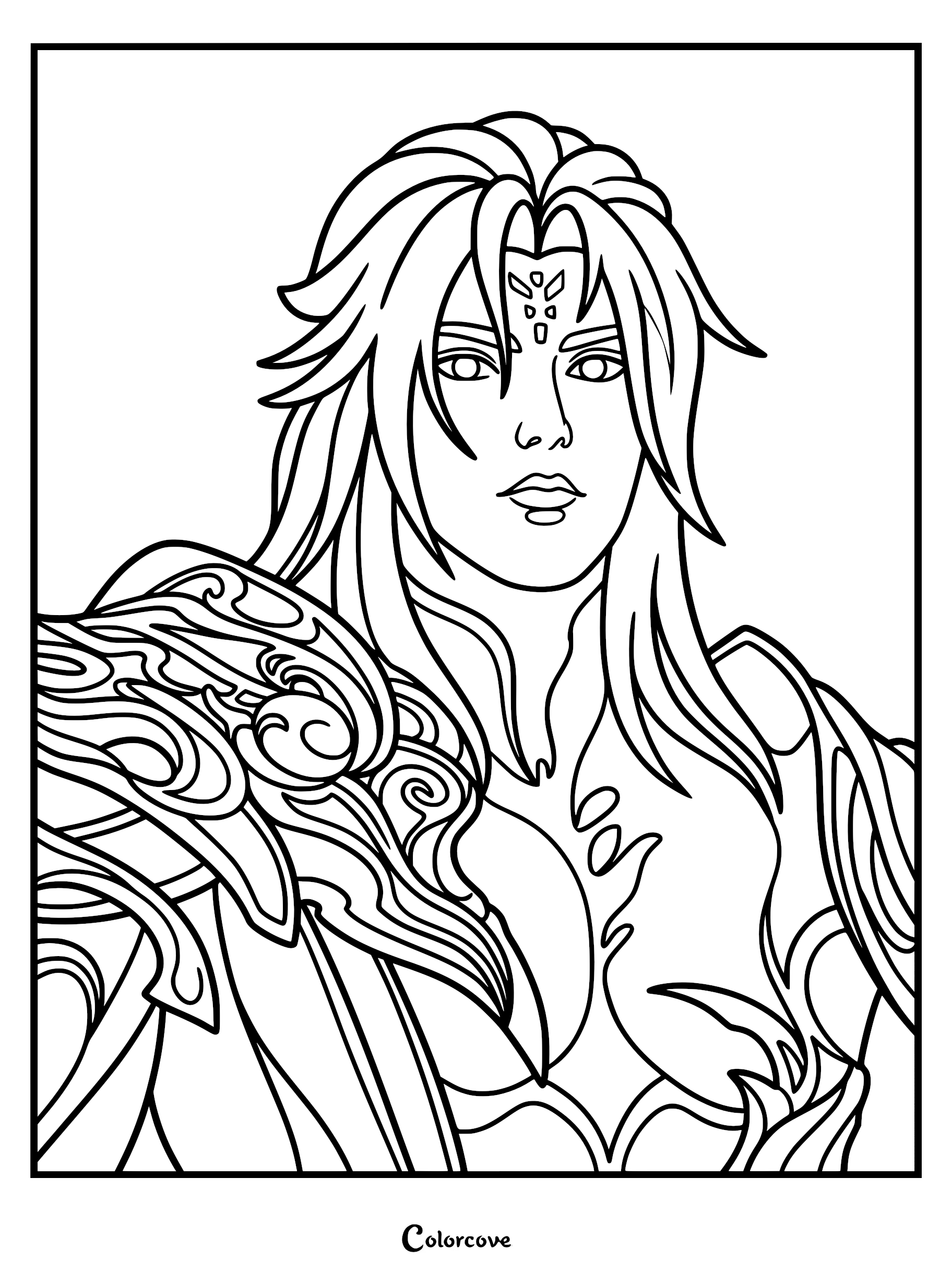A black and white coloring page for adults depicting Wang Lin from Renegade Immortal with flowing hair, a forehead mark, and elaborate swirling armor.