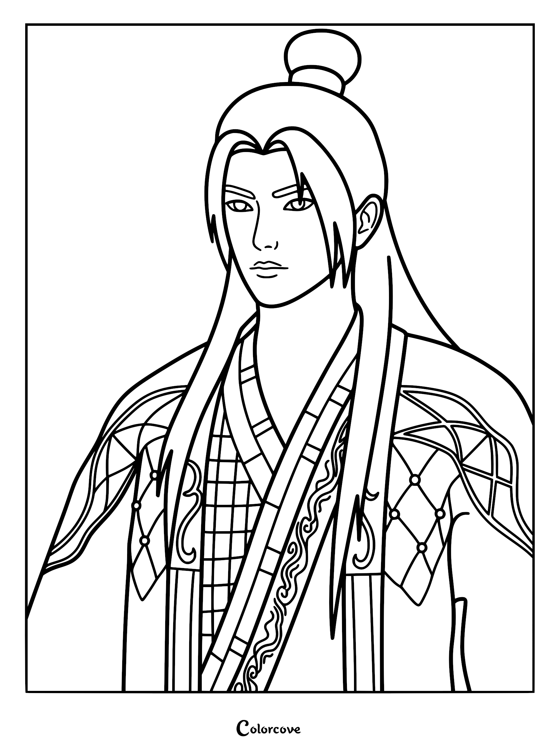 A detailed coloring page of Wang Lin with long hair and a traditional top bun, wearing intricate robes with diamond and wave patterns.