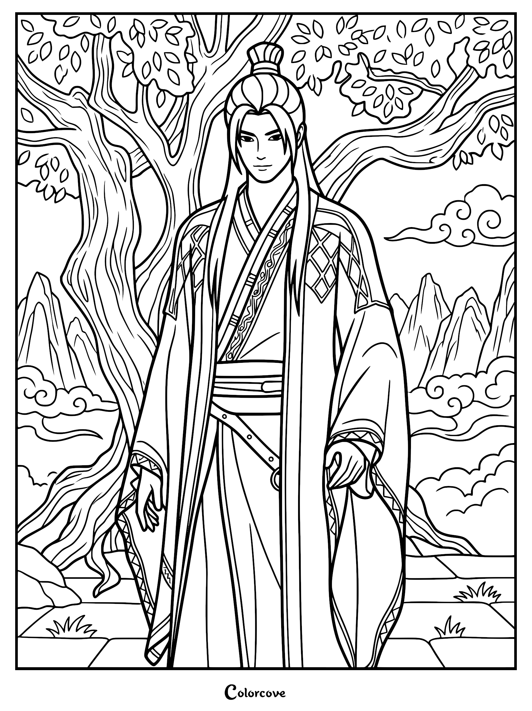 A detailed line art coloring page of Wang Lin from Renegade Immortal wearing flowing cultivation robes, standing before a gnarled ancient tree with a backdrop of misty mountains and clouds.