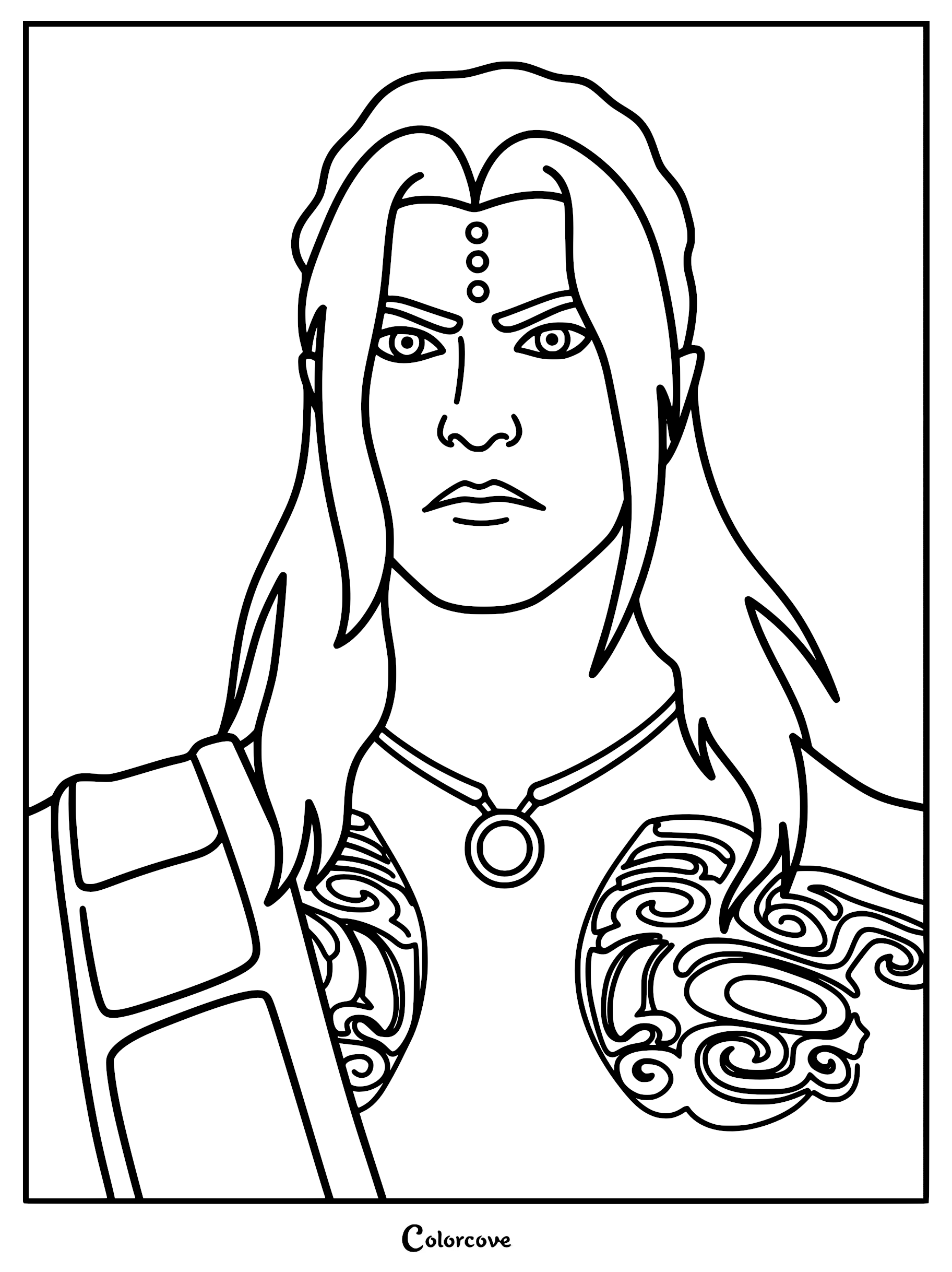 Detailed Renegade Immortal coloring page of protagonist Wang Lin showing his chest tattoos, forehead markings, and circular pendant.
