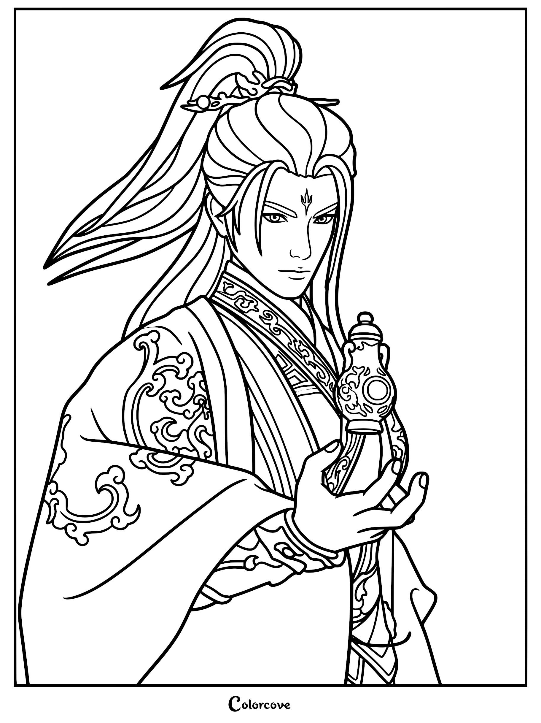 Detailed line art coloring page of Wang Lin from Renegade Immortal wearing intricate robes and holding a small ornate bottle.