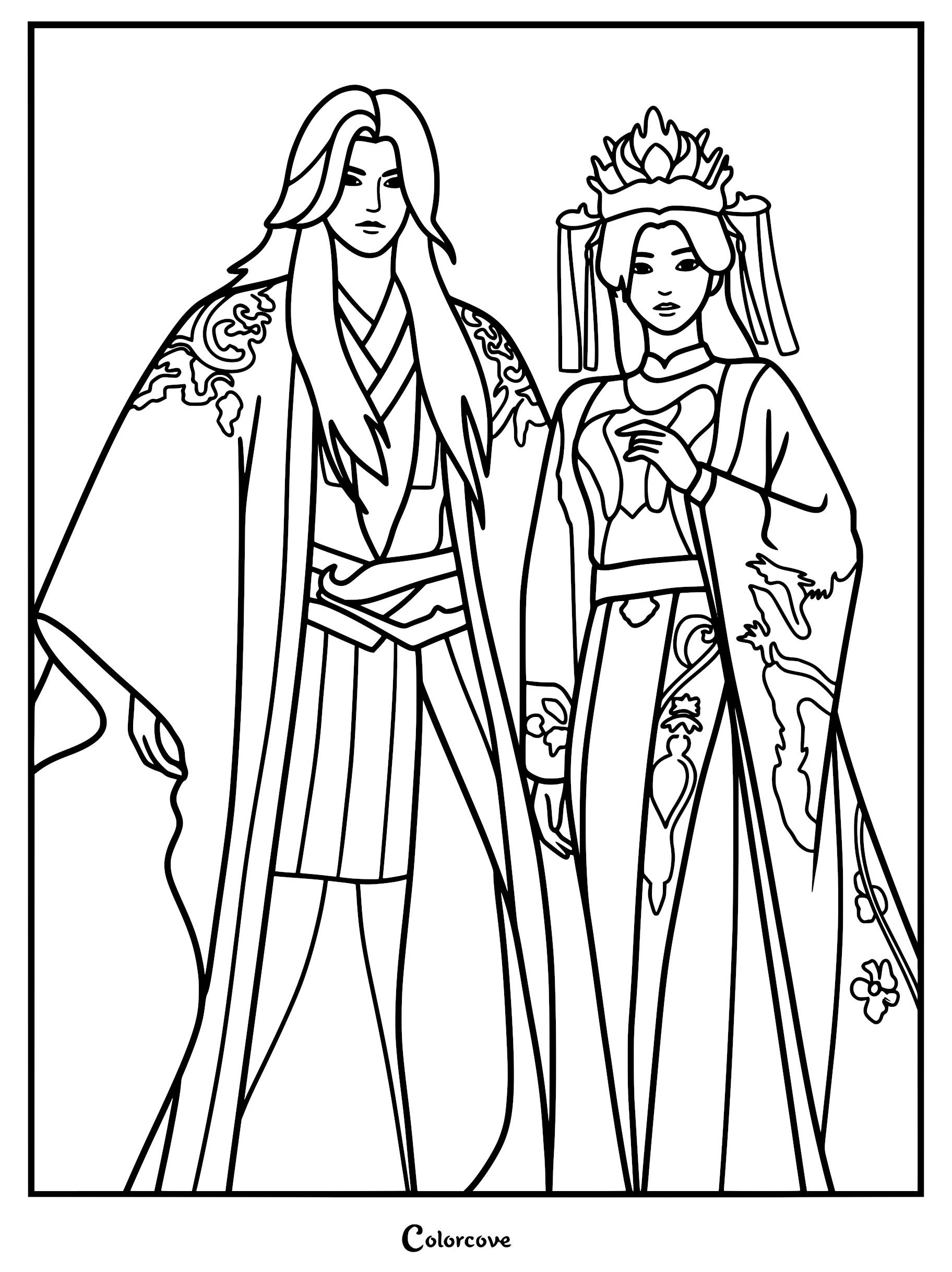 A detailed Renegade Immortal coloring page featuring Wang Lin and Li Muwan in traditional robes with intricate embroidery and ornate headpieces.