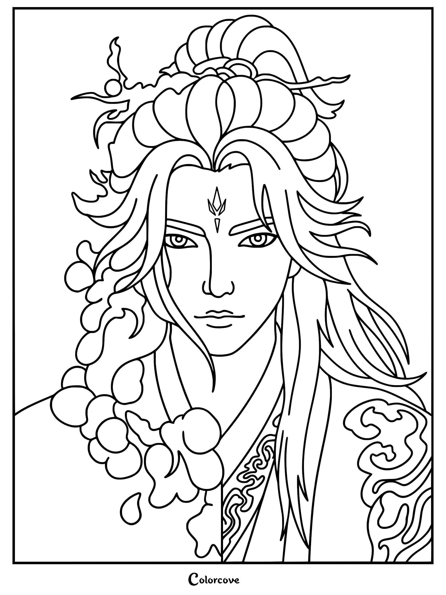 A detailed black and white coloring page of Wang Lin from Renegade Immortal showing his sharp gaze, forehead mark, and intricate flowing robes.