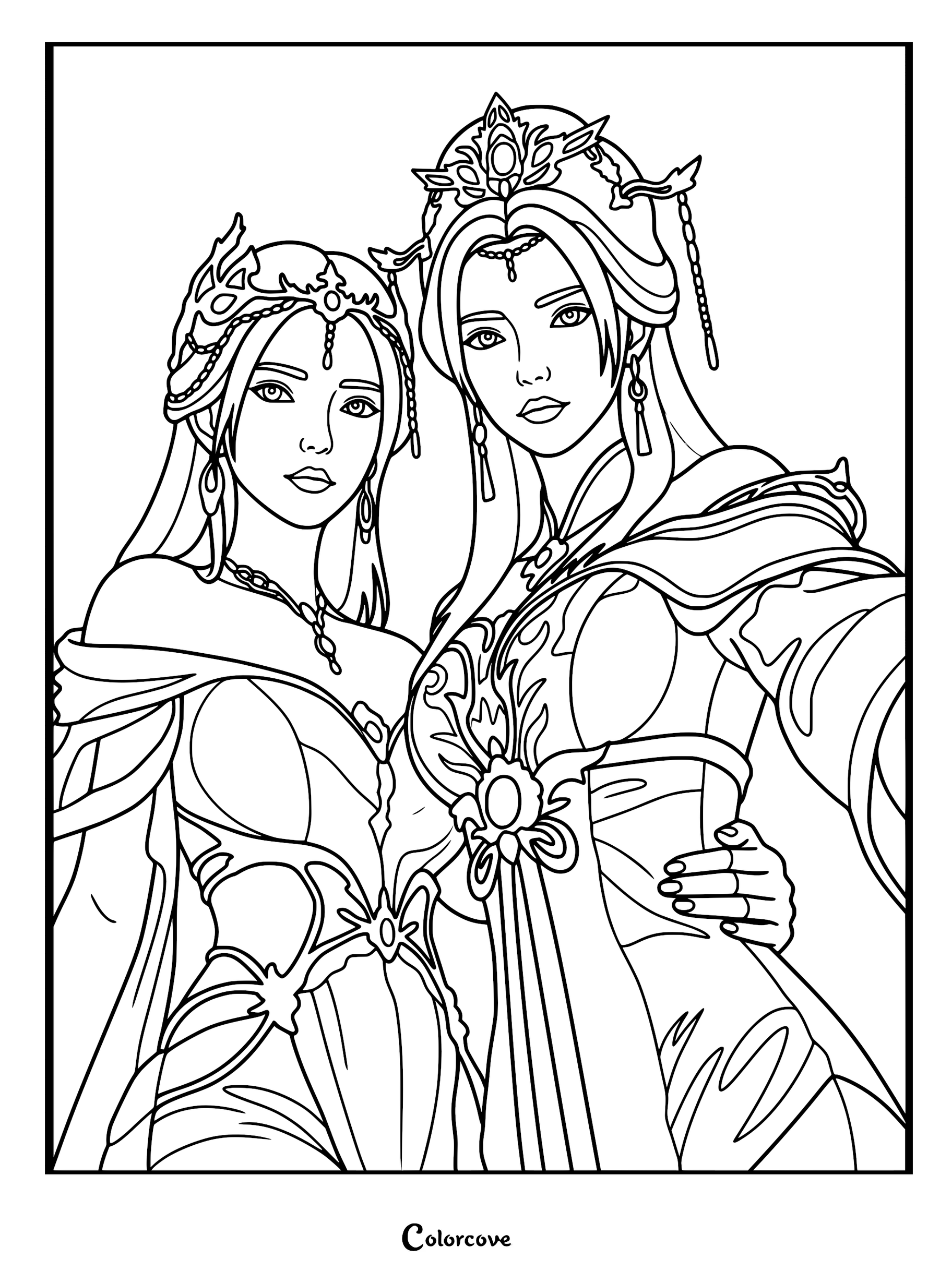Intricate line art coloring page of Hong Die and Yao Xixue from Renegade Immortal wearing detailed Hanfu-style robes, ornate jeweled headpieces, and elegant traditional jewelry.