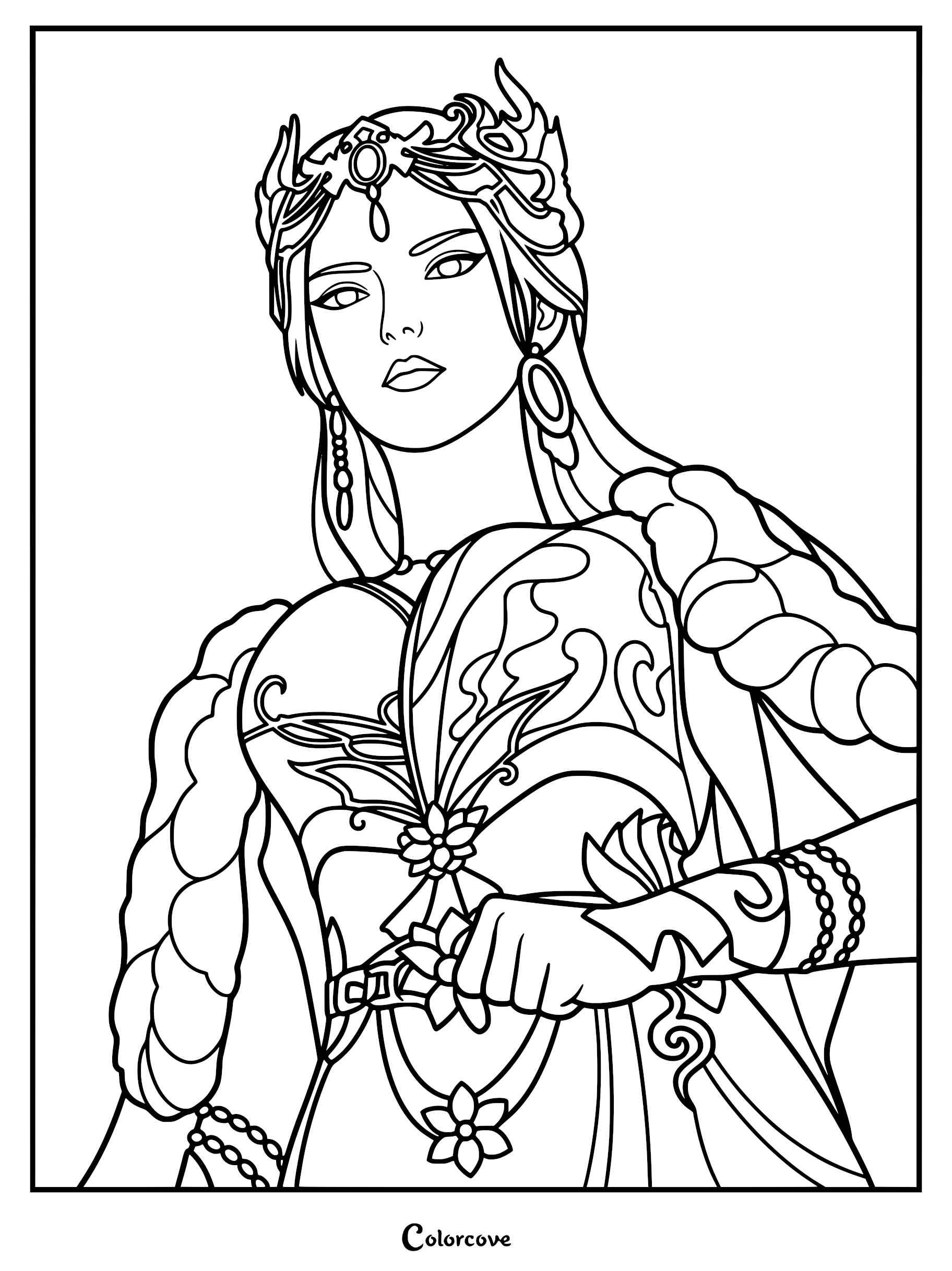 Detailed line art coloring page of Hongdie from Renegade Immortal wearing a jeweled crown and patterned robes with floral decorations.
