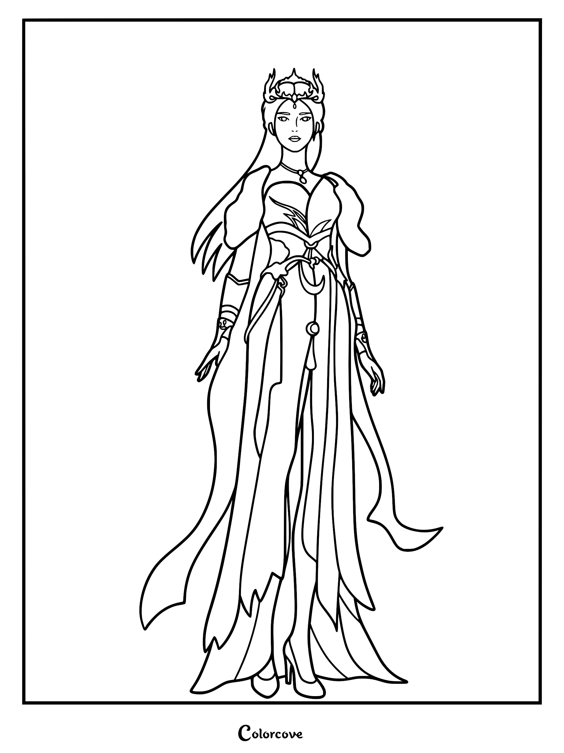 Detailed coloring page featuring Hongdie from Renegade Immortal wearing an ornate tiara, layered flowing robes, and elegant sashes in a standing pose.