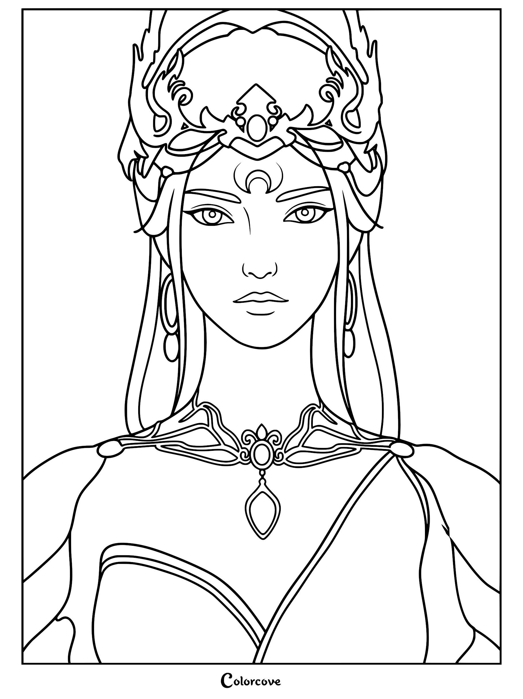 An intricate coloring page of Hongdie from Renegade Immortal featuring her signature crescent moon forehead mark, detailed phoenix-like crown, large hoop earrings, and a teardrop pendant necklace.