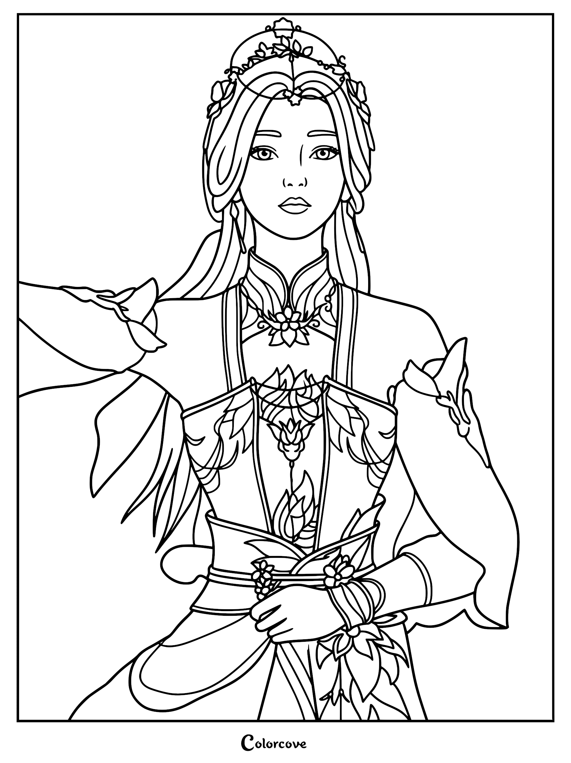 A high-detail Li Muwan coloring page from Renegade Immortal, depicting the alchemist in traditional Hanfu with intricate floral patterns, a lotus headpiece, and flowing sleeves.